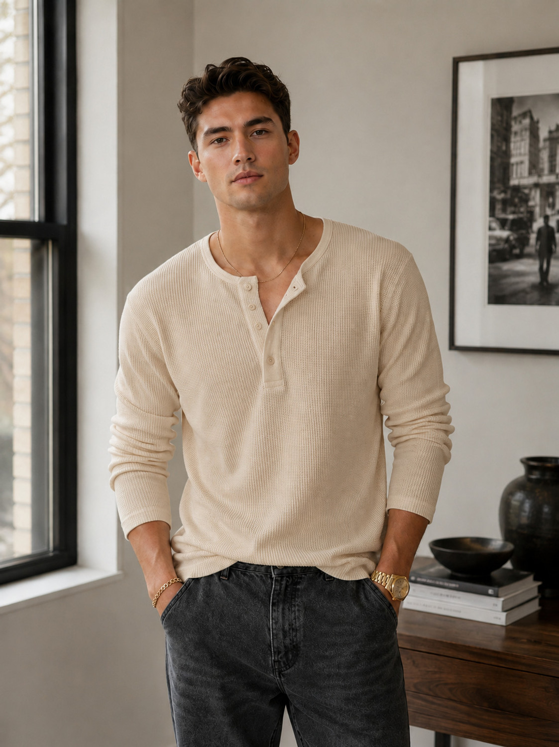 NetClick Men Beige Henley Neck T-Shirt - Image 1
