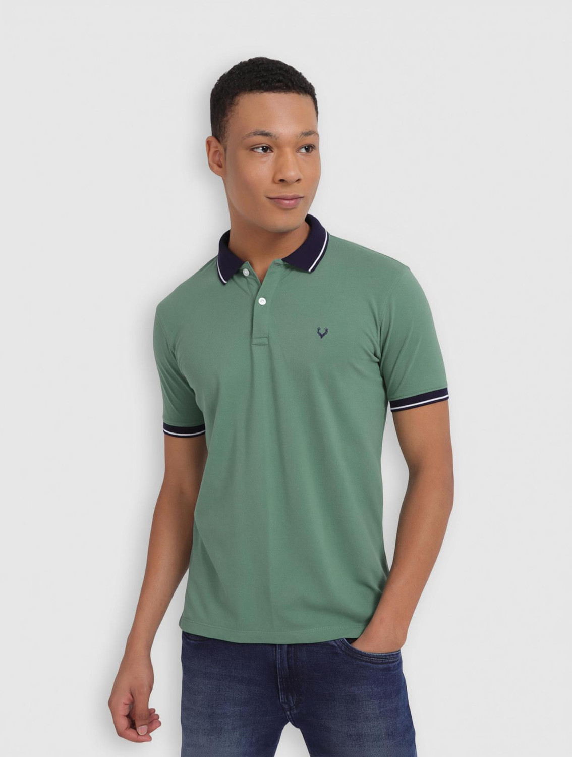 Allen Solly Men Solid Polo Neck Cotton Blend Green T-Shirt - Image 1