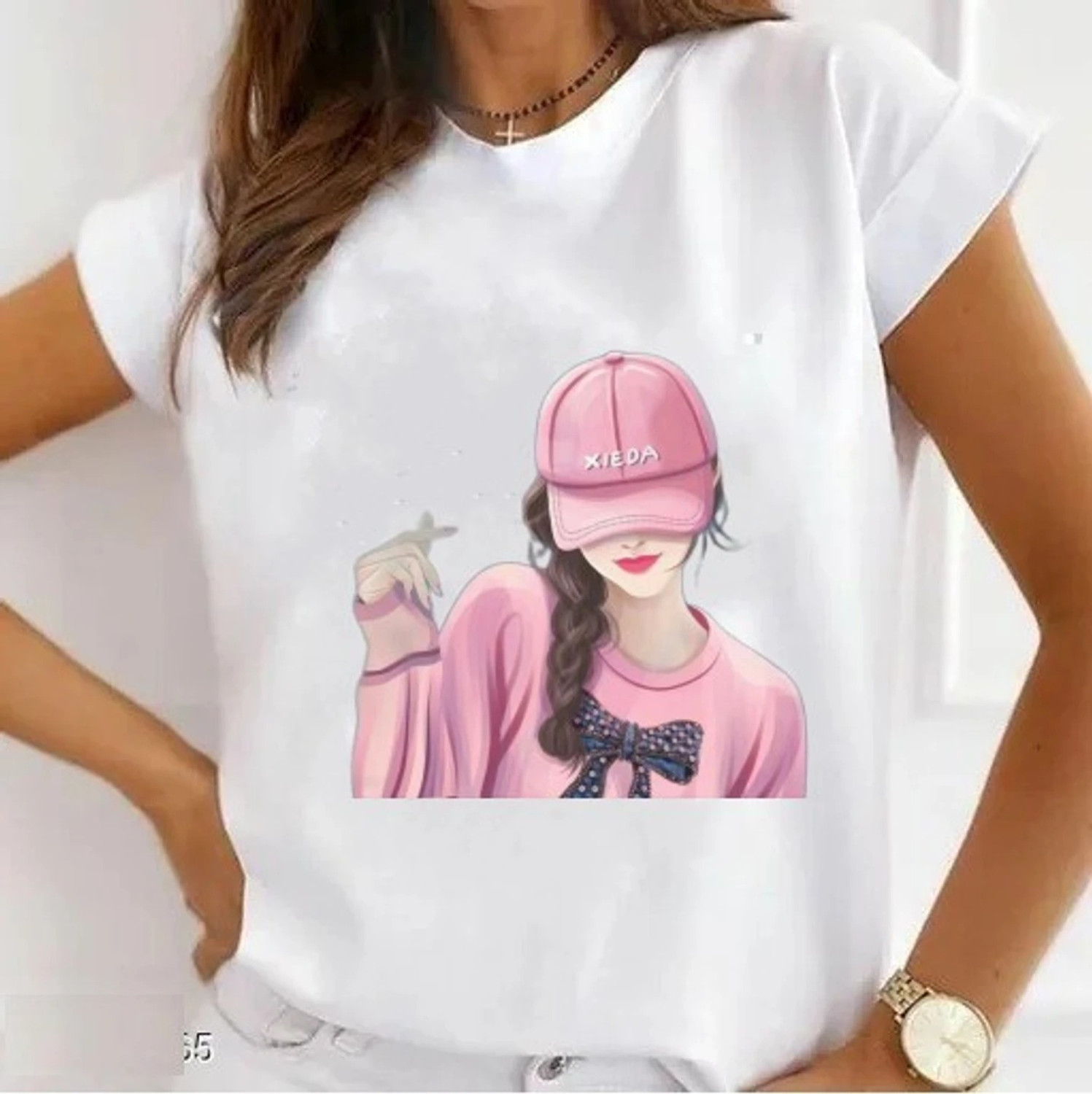 Image of RUBYKNITS Women Printed Round Neck Polyester White T-Shirt