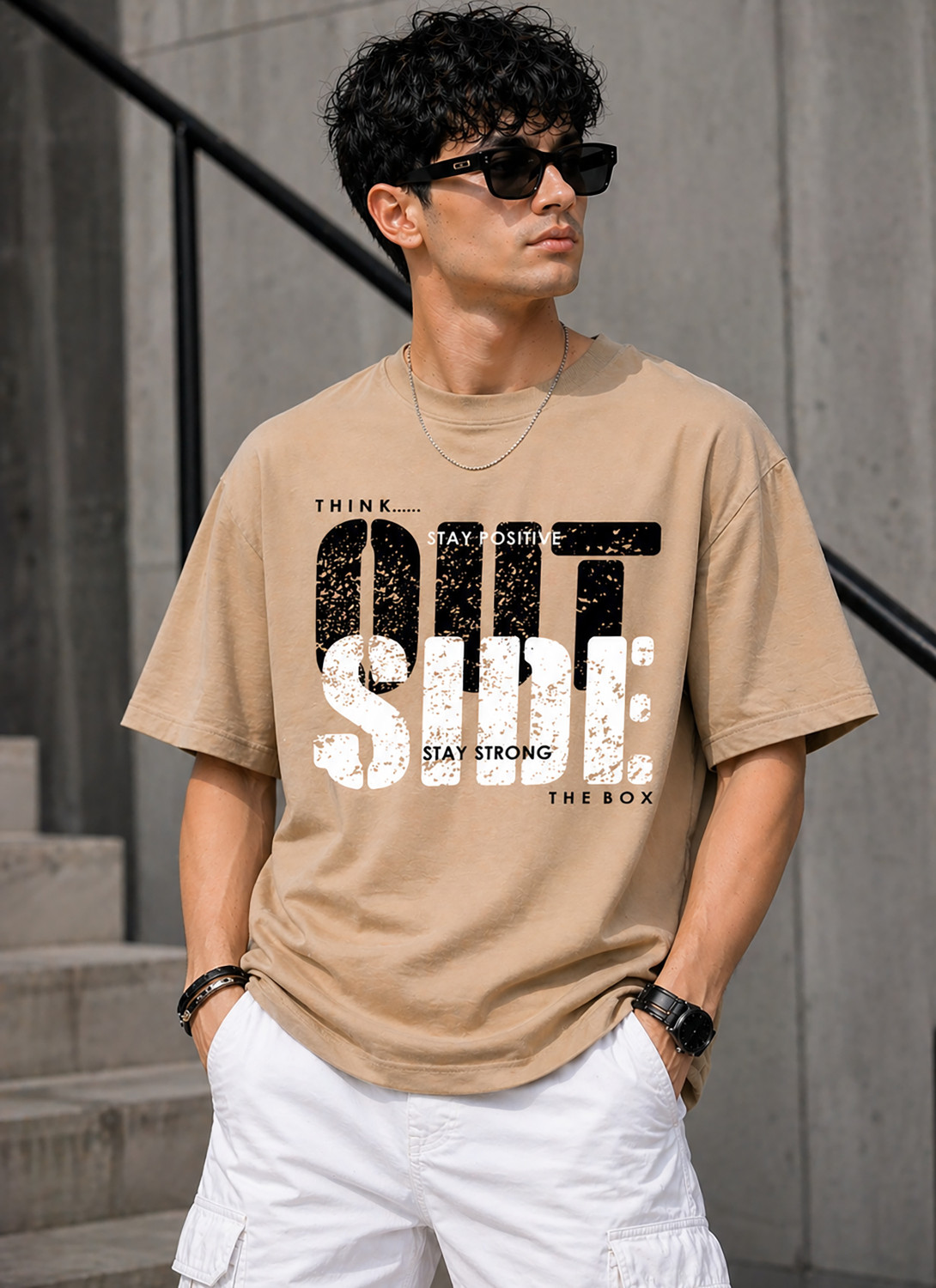 Image of Jump Cuts Men Printed Polo Neck Cotton Blend Beige T-Shirt