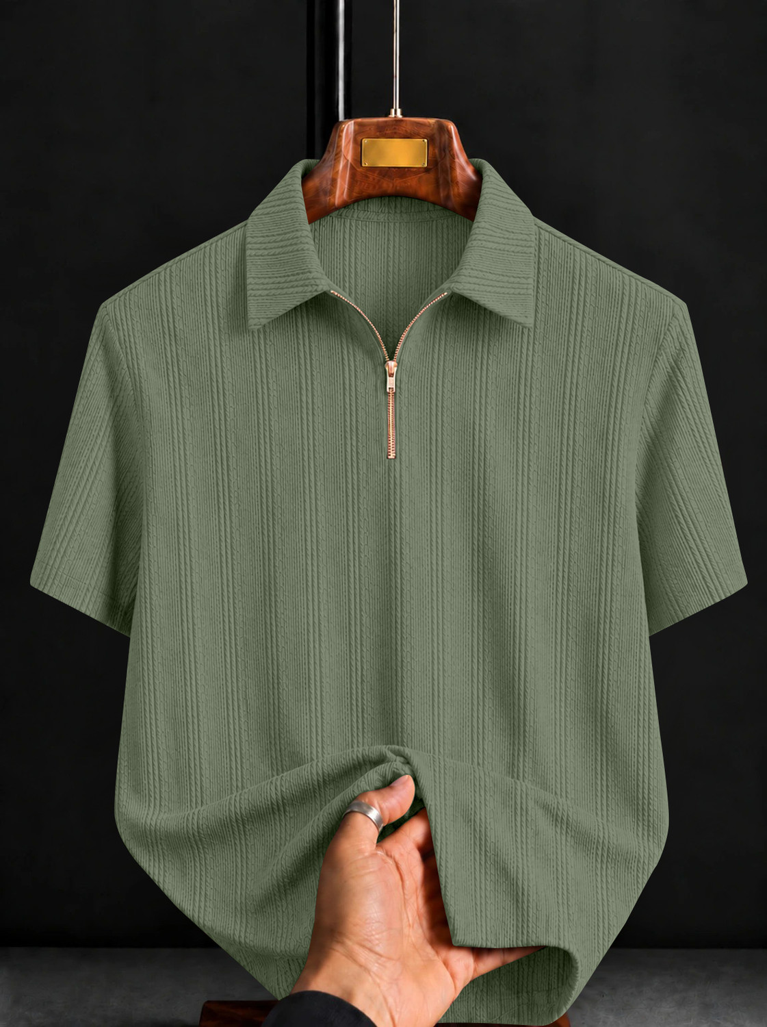 Image of TRIPR Men Solid Mandarin Collar Cotton Blend Beige T-Shirt