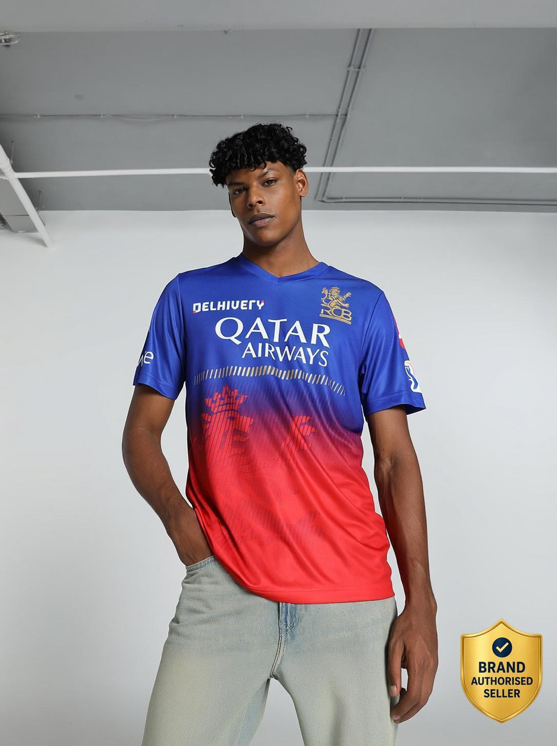 Image of PUMA RCB Replica Jerseys 2024 Men Printed V Neck Polyester Blue T-Shirt