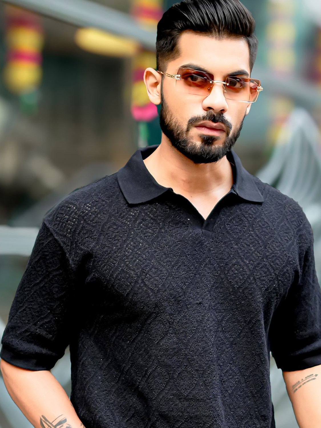 Image of MANIAC Men Solid Polo Neck Pure Cotton Black T-Shirt