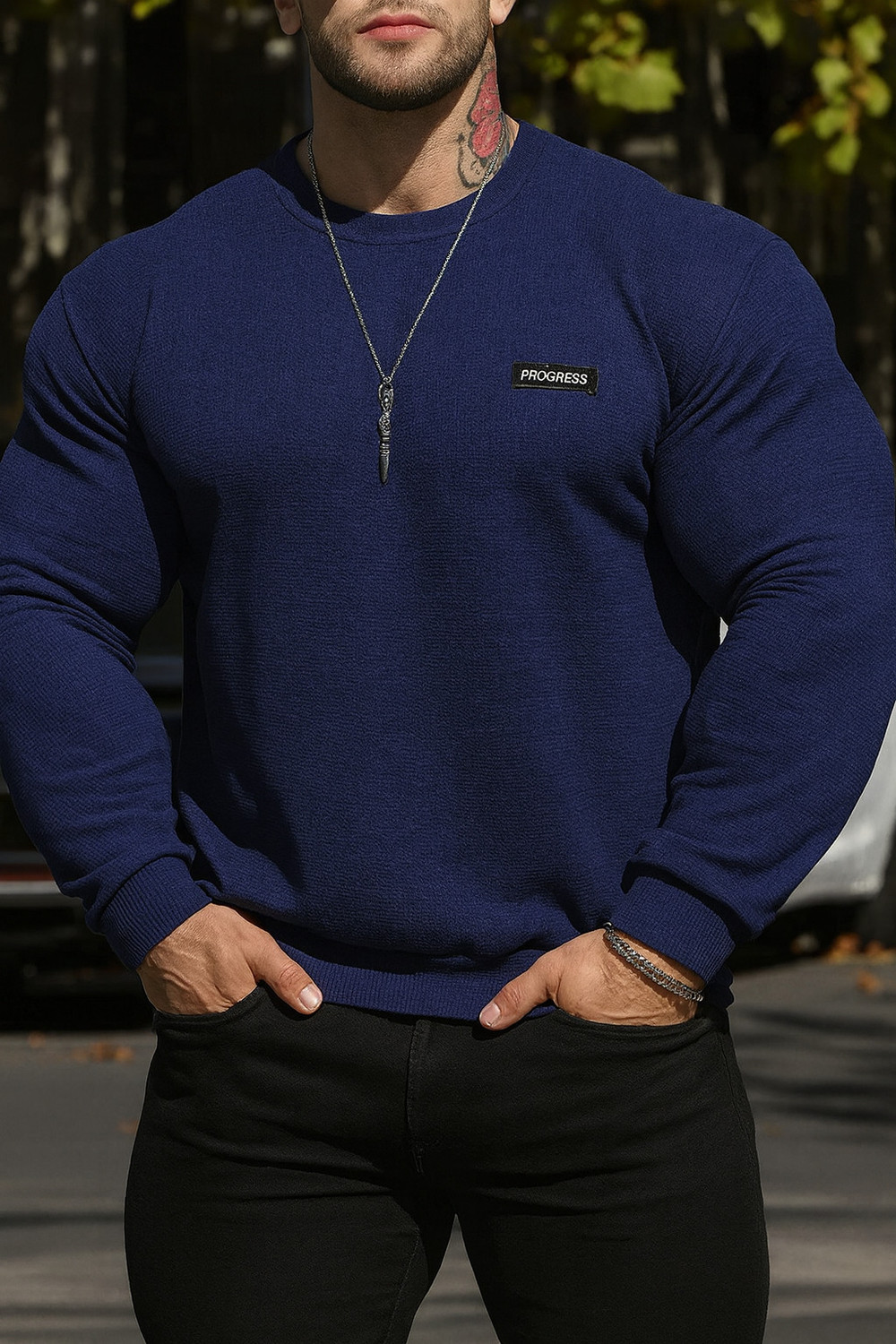 Image of BLIVE Men Printed Hooded Neck Cotton Blend Navy Blue, Red T-Shirt