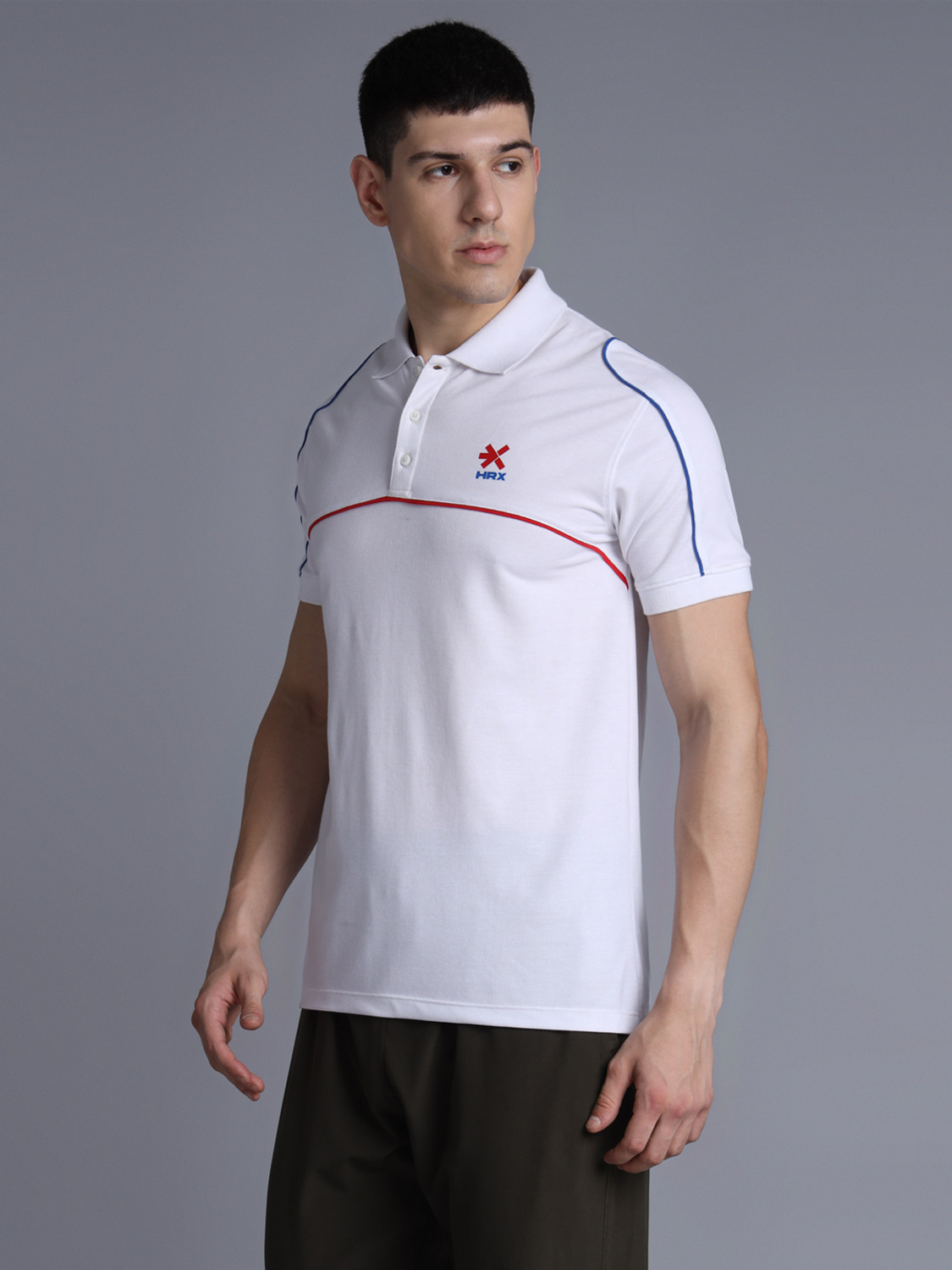 Image of HRX by Hrithik Roshan Men Solid Polo Neck Cotton Blend White T-Shirt