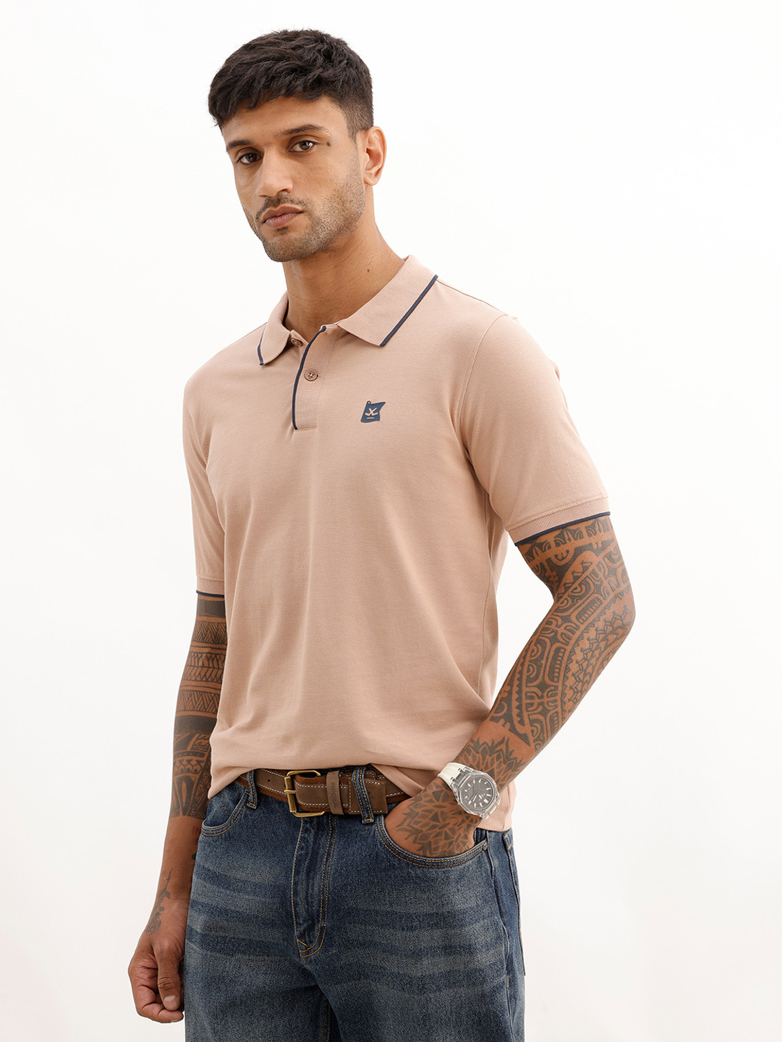 WROGN Men Brown Cotton Polo Neck T-Shirt - Image 1