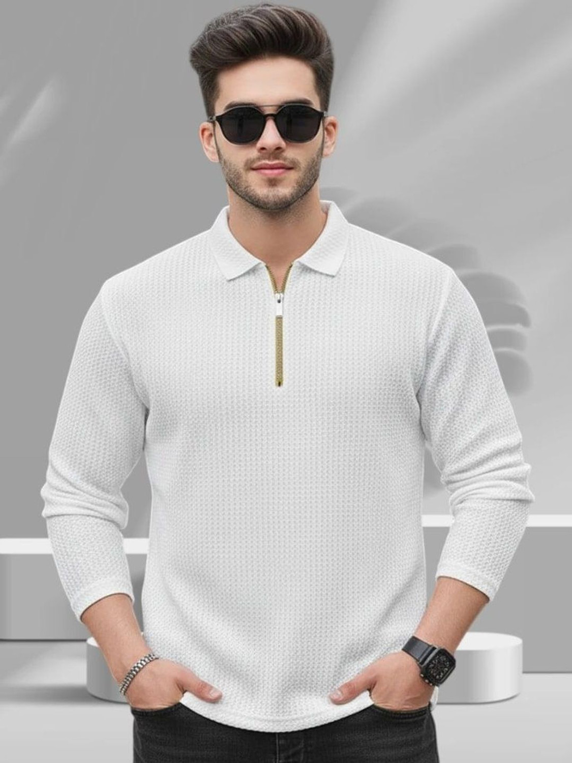 Image of Pellitory Men Striped Zip Neck Cotton Blend White T-Shirt