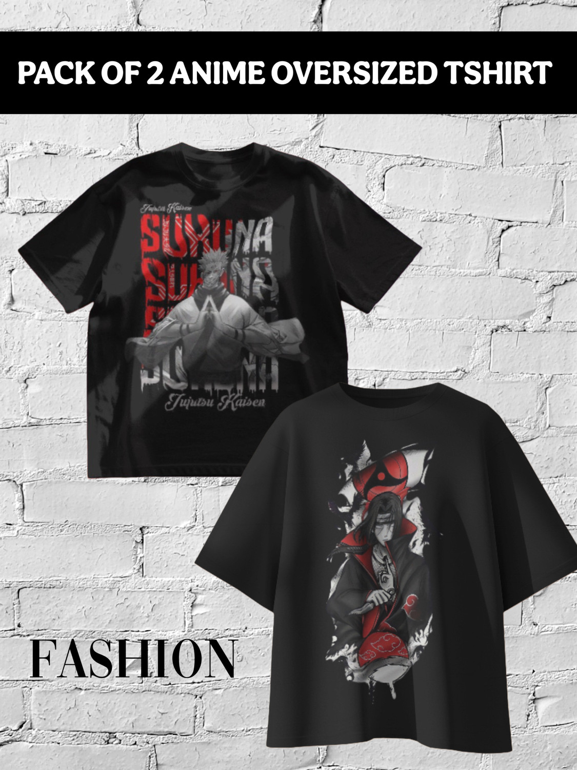 Image of XFASHIONS Pack of 2 Men Graphic Print Round Neck Polycotton Black T-Shirt