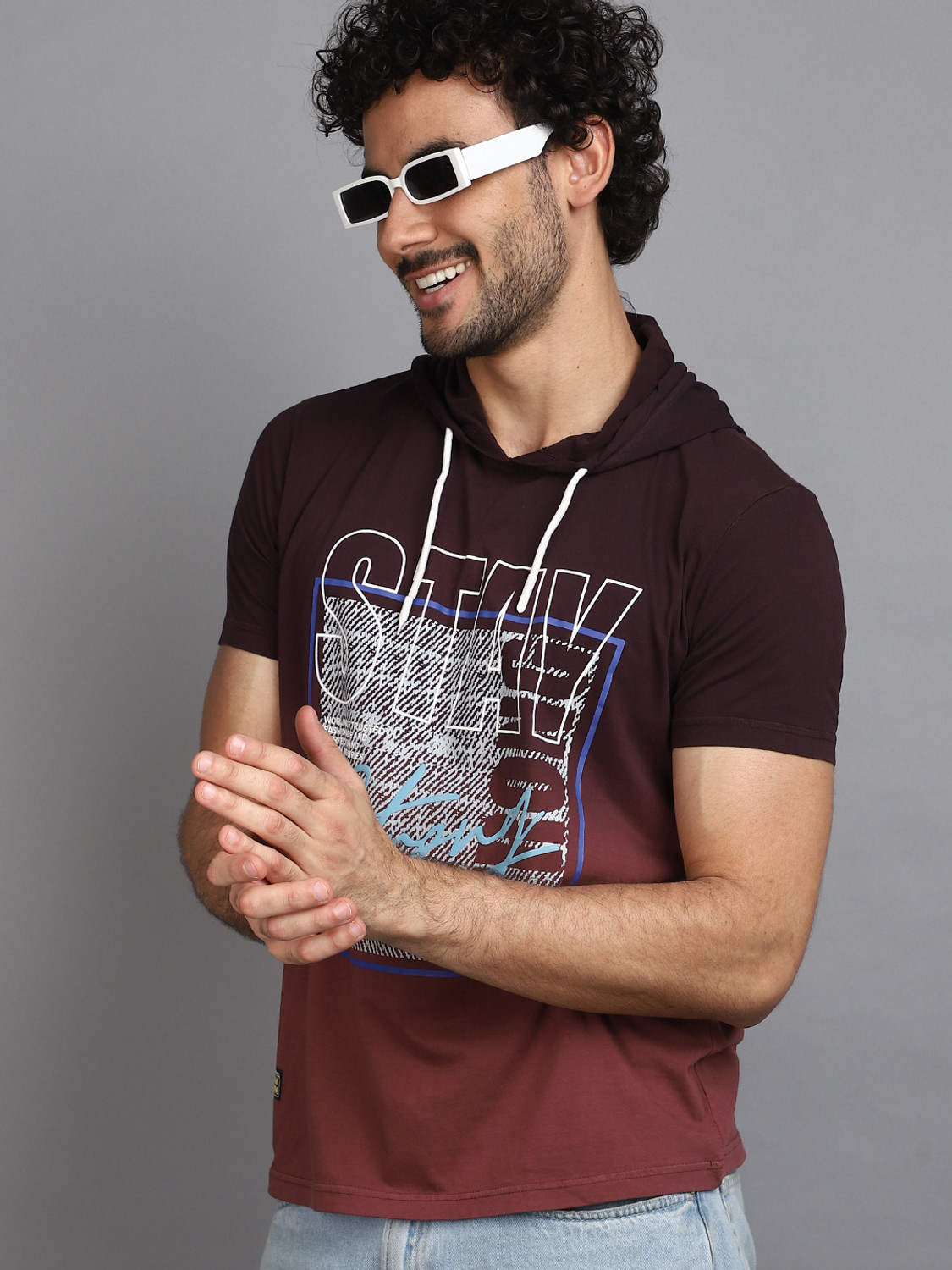 Image of Pepe Jeans Men Printed Hooded Neck Pure Cotton White T-Shirt