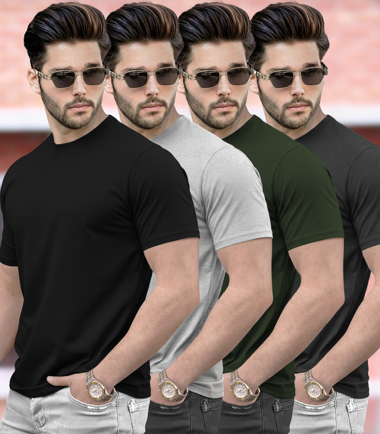 Image of TRIPR Men Solid Mandarin Collar Cotton Blend Dark Green T-Shirt
