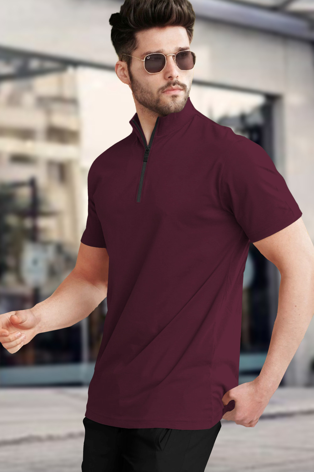 Image of TRIPR Men Solid Mandarin Collar Cotton Blend Maroon T-Shirt