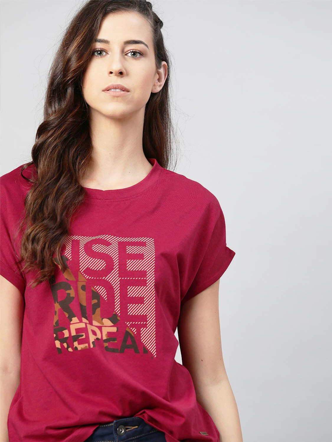 Image of Patche Women Colorblock Round Neck Pure Cotton Blue, White T-Shirt