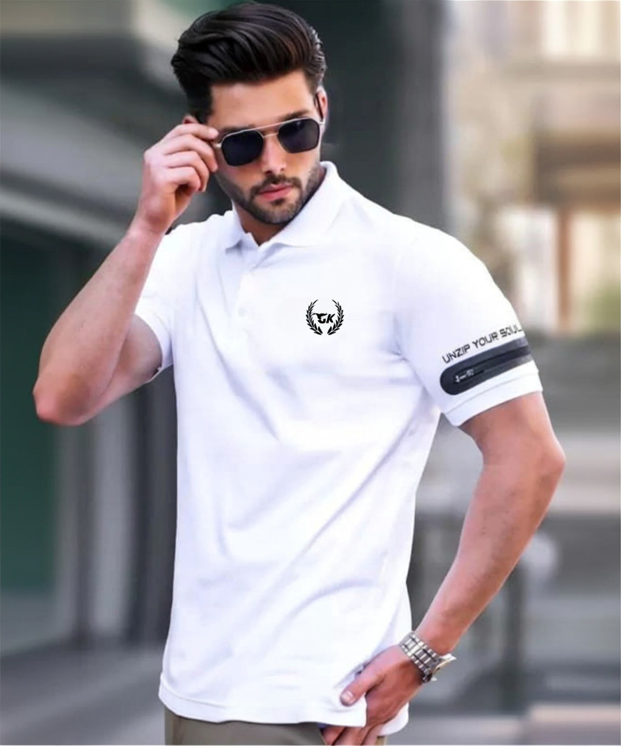 Image of TRIPR Men Solid Mandarin Collar Cotton Blend White T-Shirt
