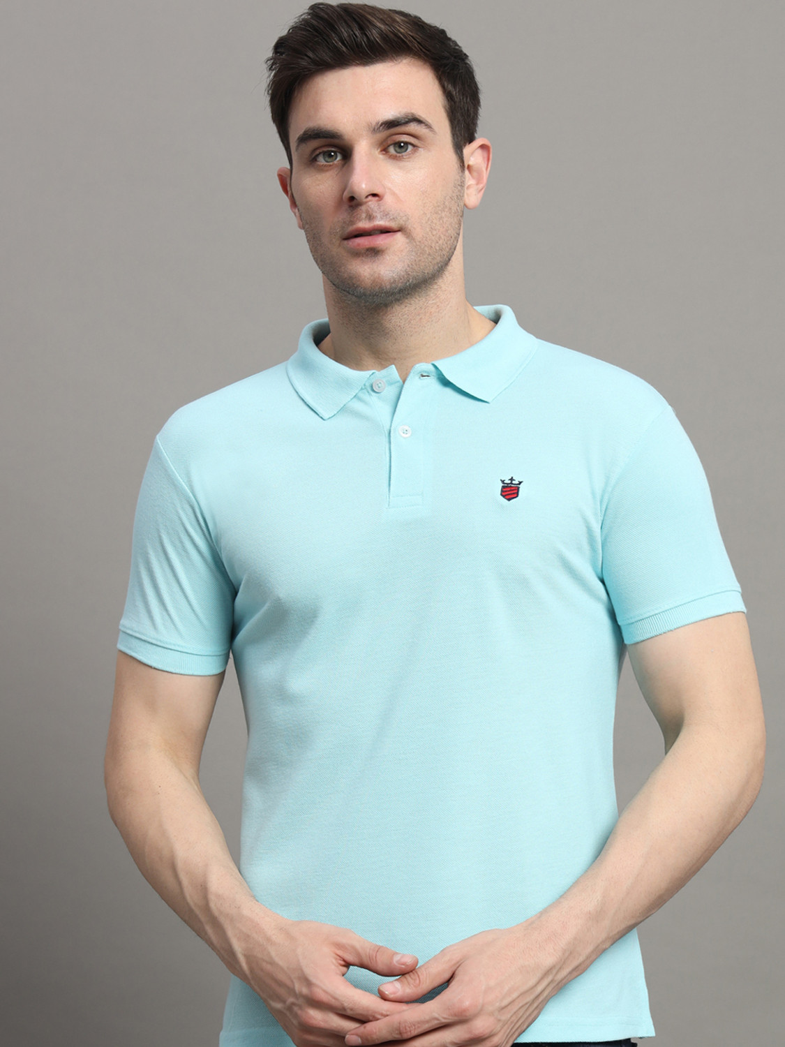 Image of RARHANPREMIUM Men Solid Polo Neck Cotton Blend Blue T-Shirt