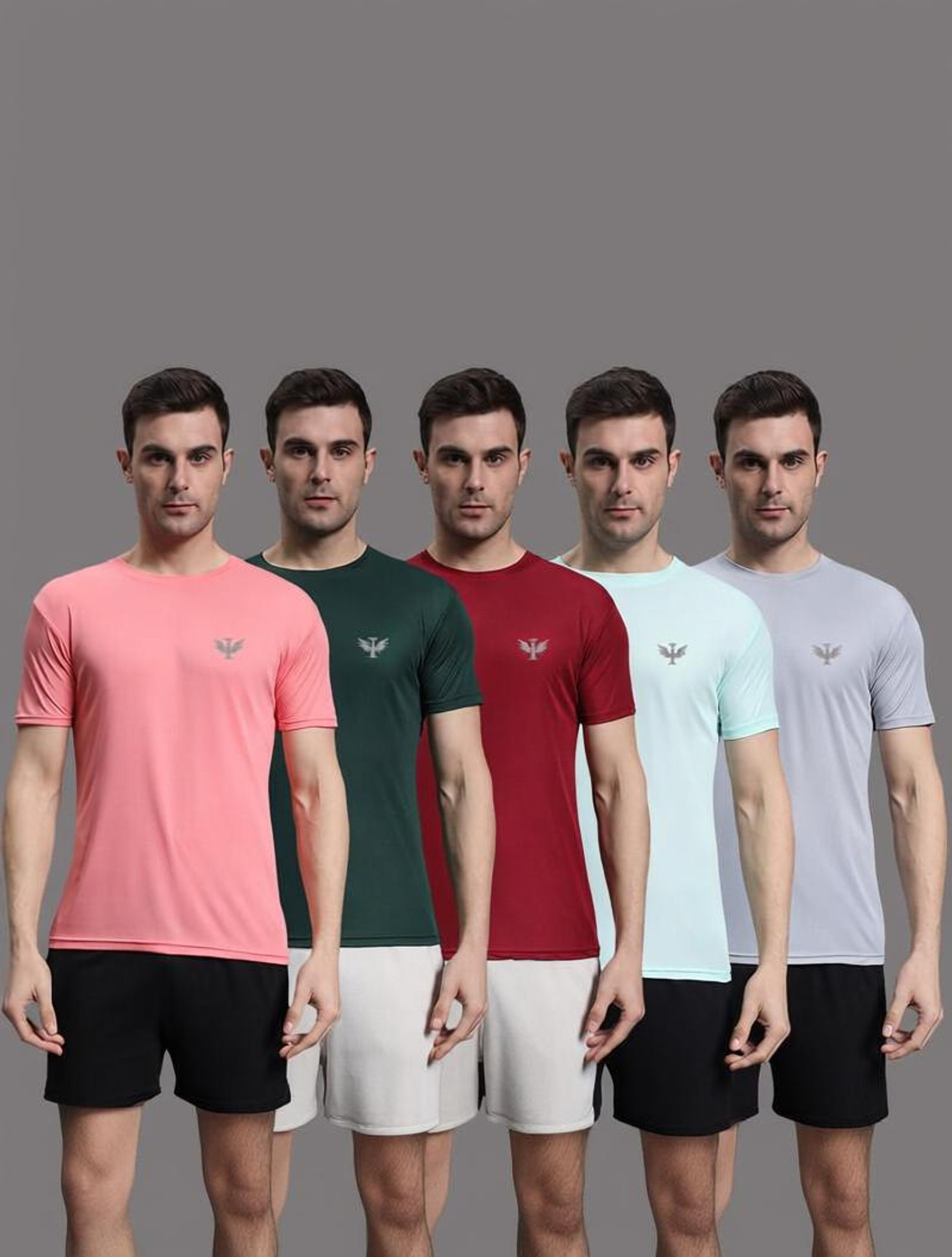 Image of P collection Pack of 4 Men Solid Round Neck Polyester White, Black, Dark Green, Maroon T-Shirt