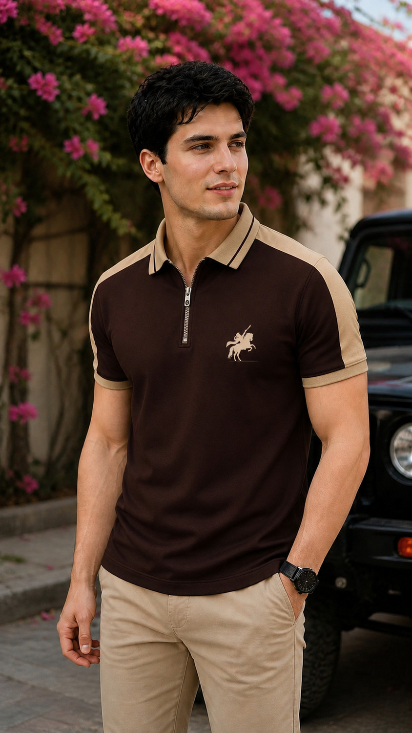 Image of Jump Cuts Men Printed Polo Neck Cotton Blend Brown T-Shirt
