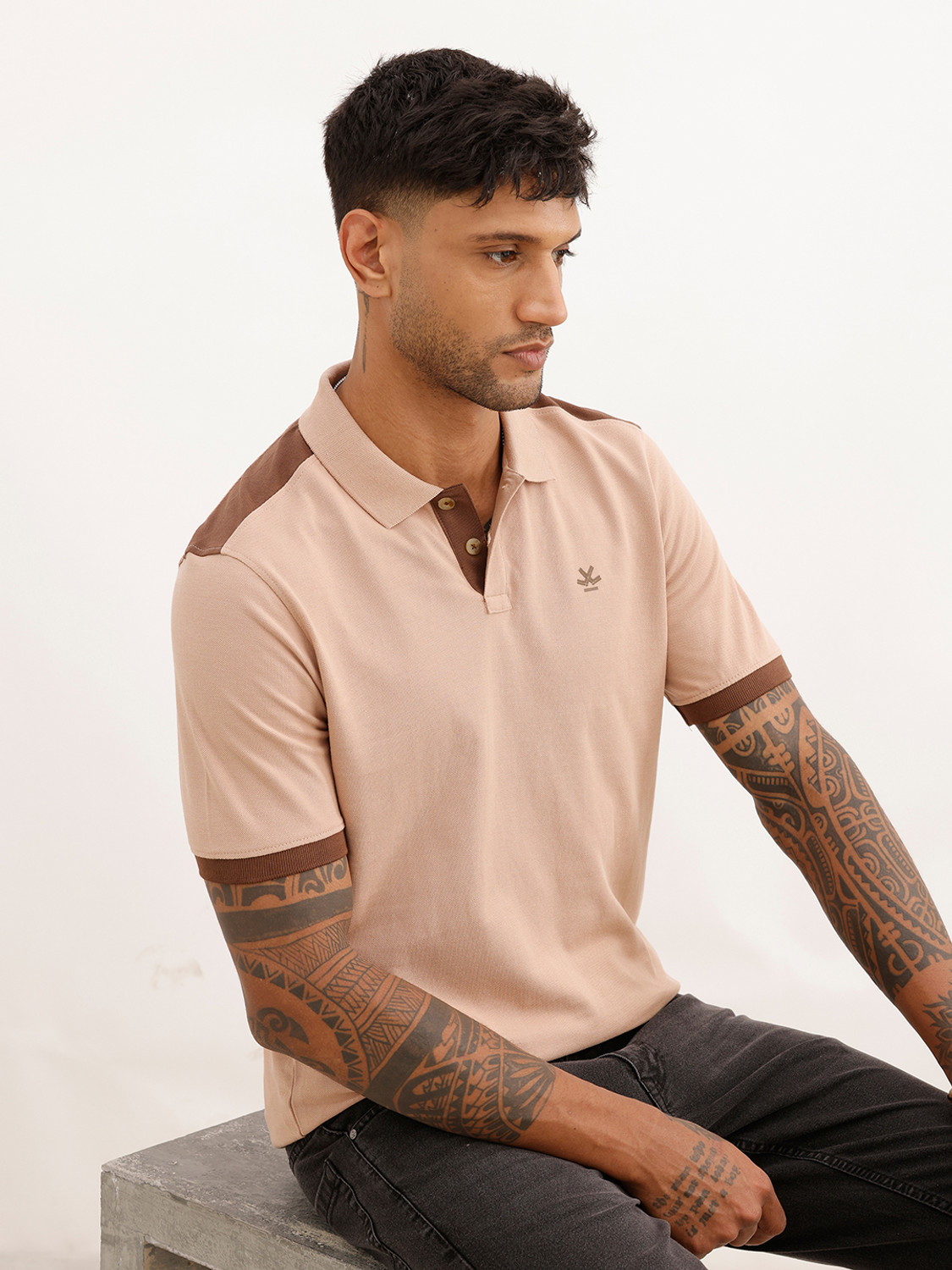 WROGN Men Colorblock Polo Neck Pure Cotton Brown T-Shirt - Image 1