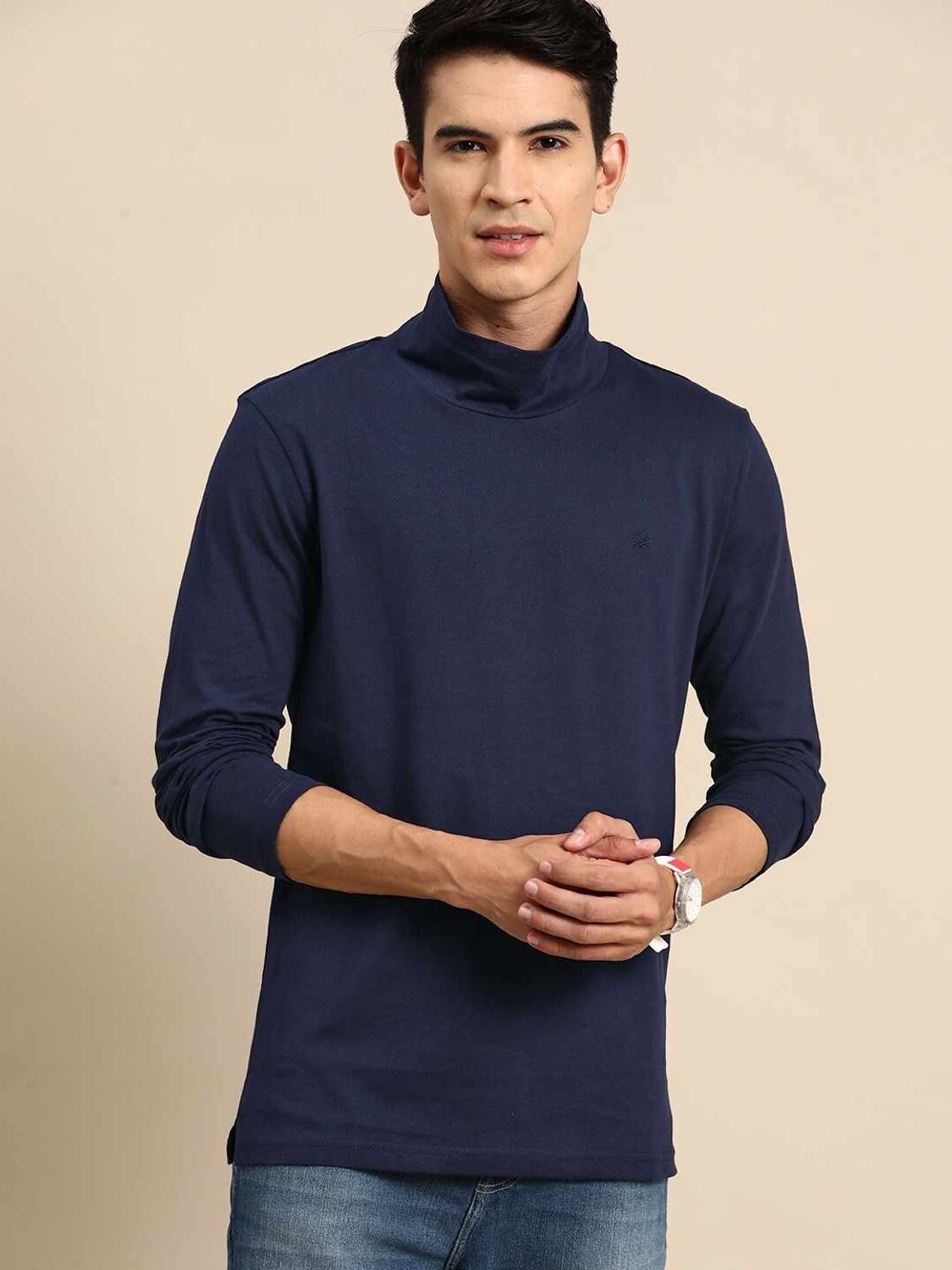 Image of United Colors of Benetton Men Solid High Neck Pure Cotton Navy Blue T-Shirt