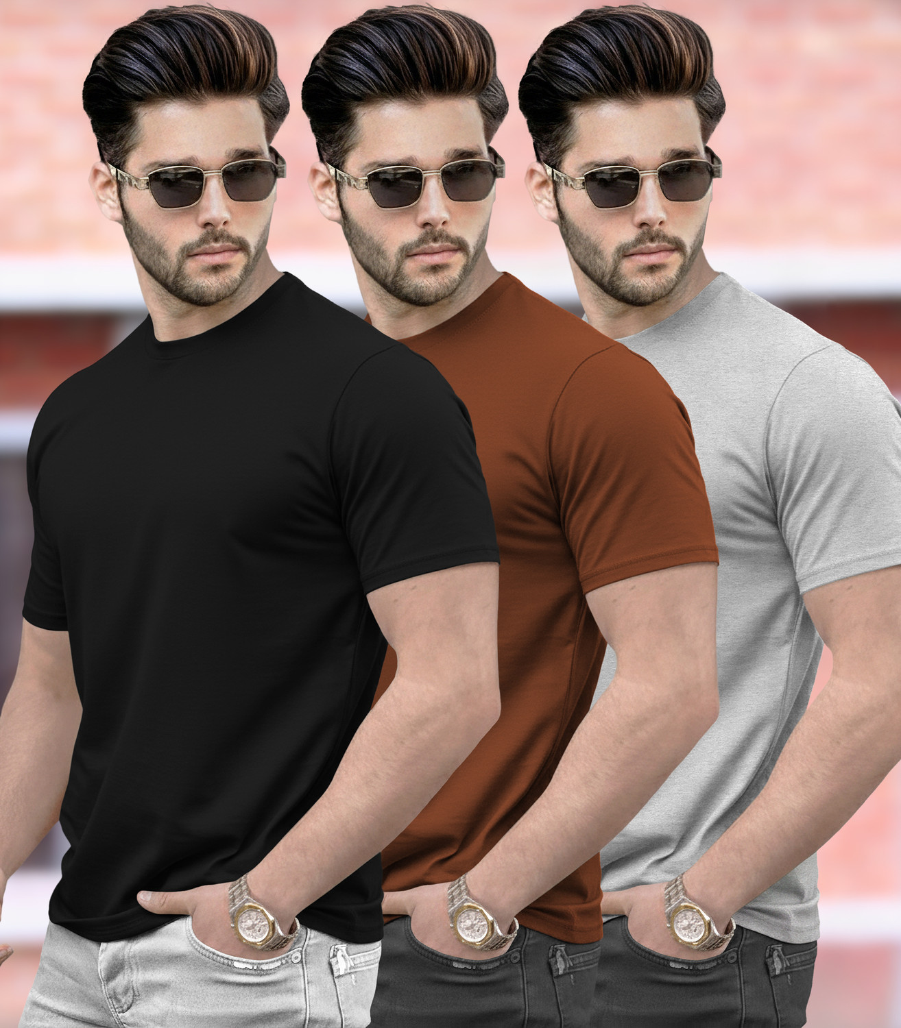 Image of TRIPR Men Solid Mandarin Collar Cotton Blend Navy Blue T-Shirt