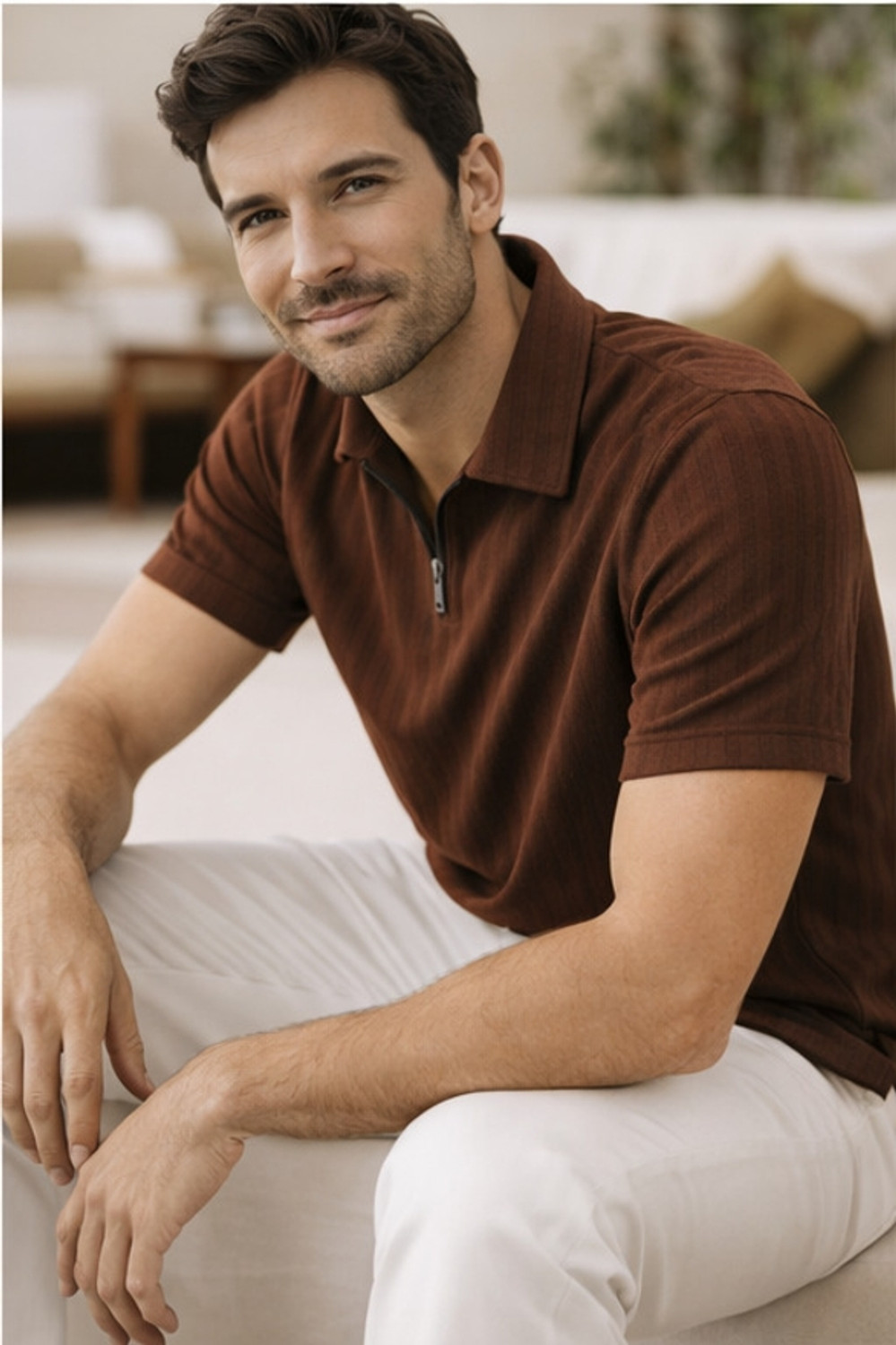 Image of Roadster Men Solid Polo Neck Polycotton Brown T-Shirt
