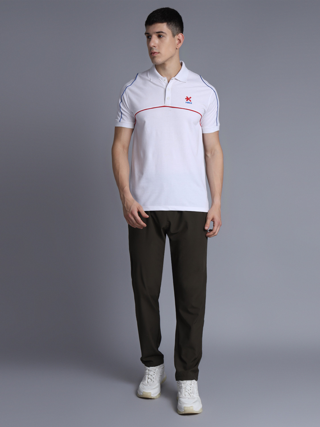 Image of HRX by Hrithik Roshan Men Solid Polo Neck Cotton Blend White T-Shirt