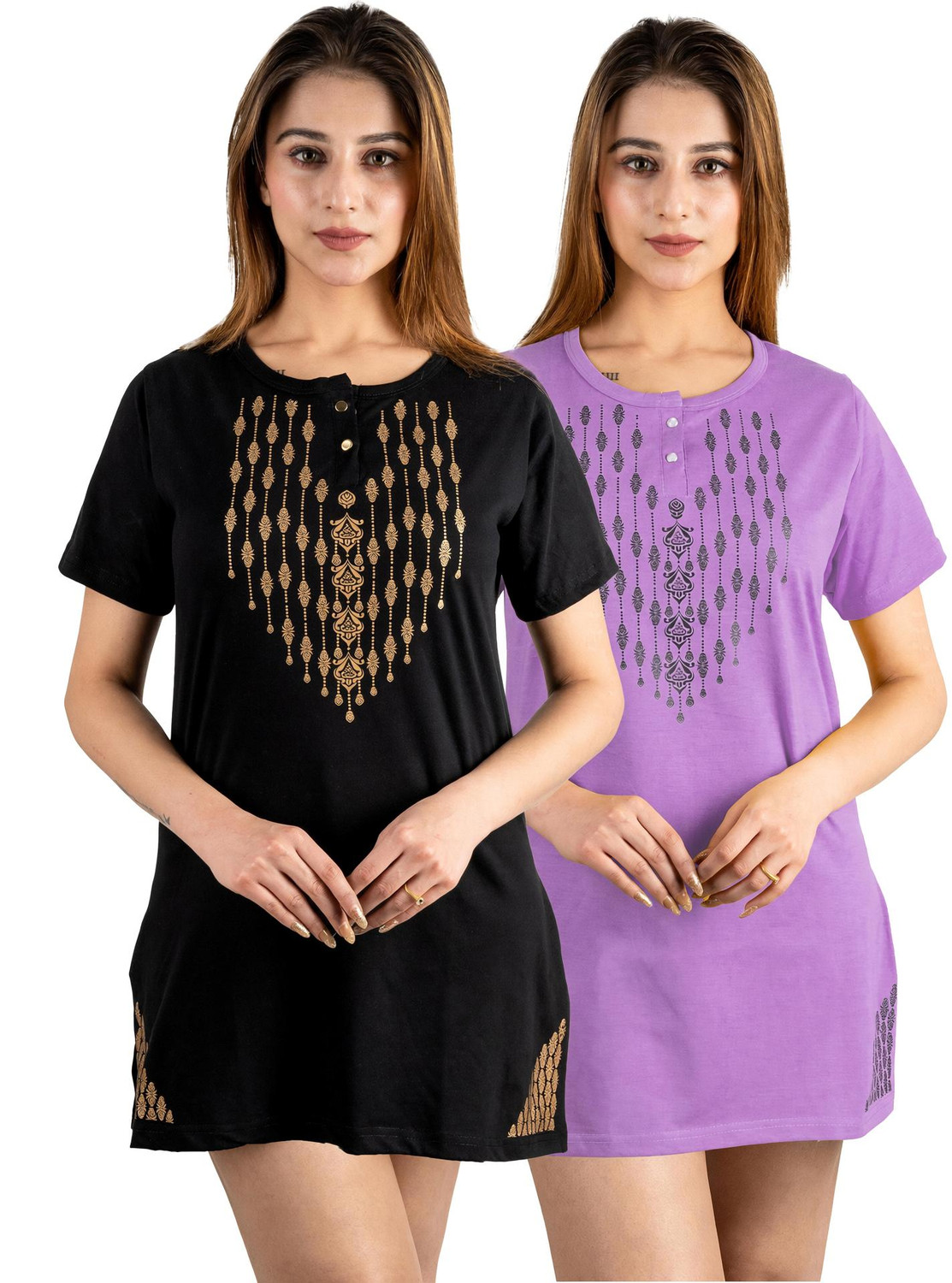Image of URBE-URBAN EVOLUTION Pack of 2 Women Printed Round Neck Cotton Blend Green T-Shirt