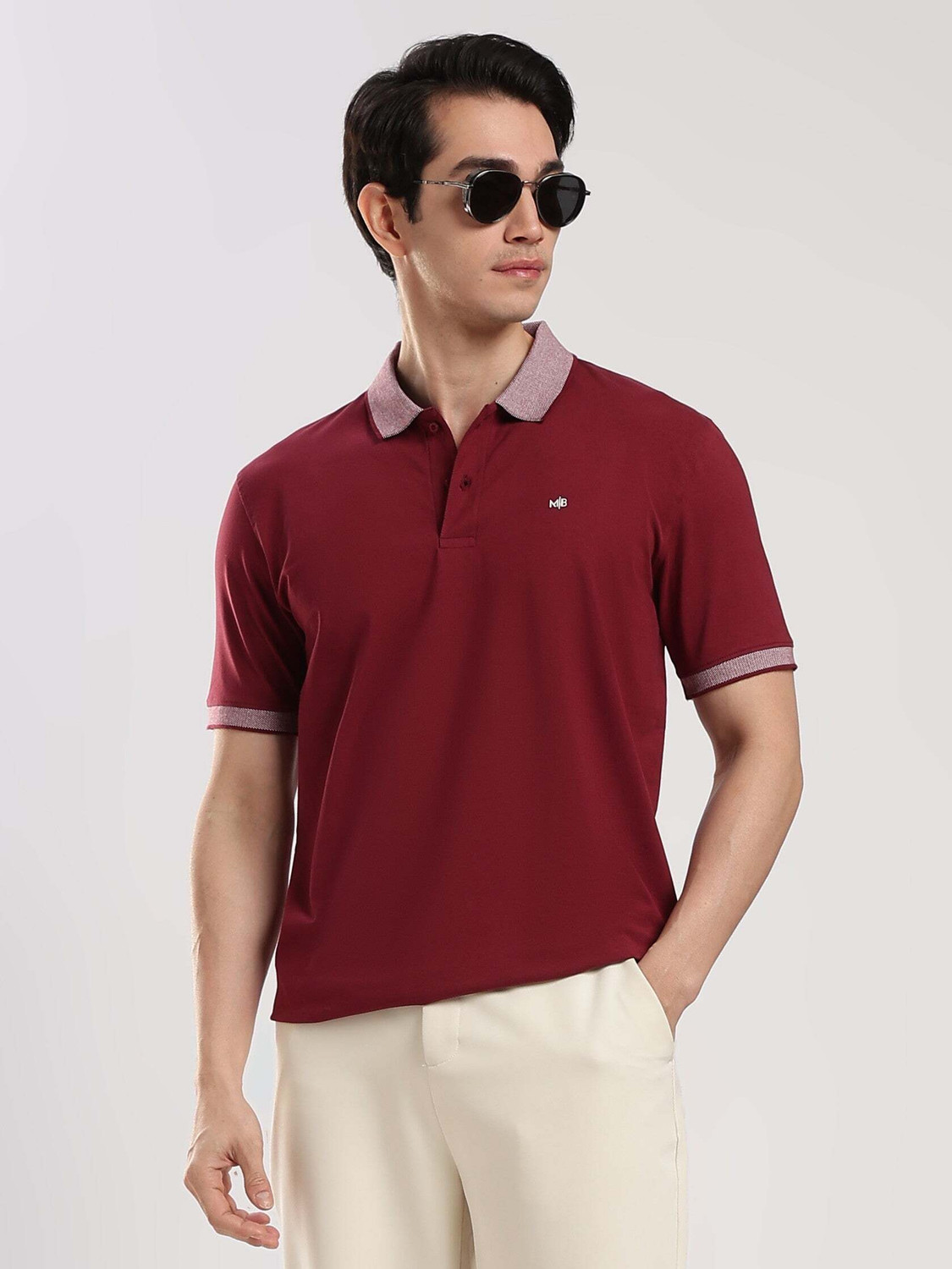 Image of TRIPR Men Solid Mandarin Collar Cotton Blend Green T-Shirt
