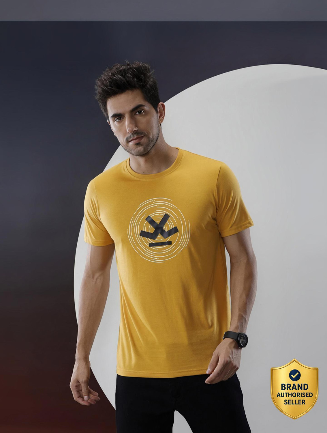 Image of WROGN Men Solid Crew Neck Pure Cotton Yellow T-Shirt