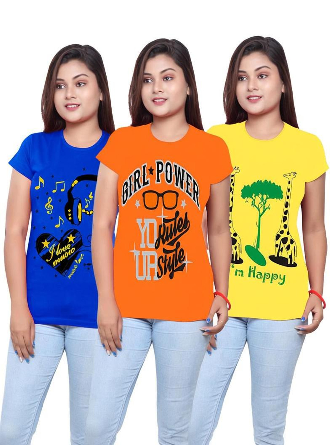 Image of ZentWorld Pack of 3 Women Printed Round Neck Cotton Blend Multicolor T-Shirt