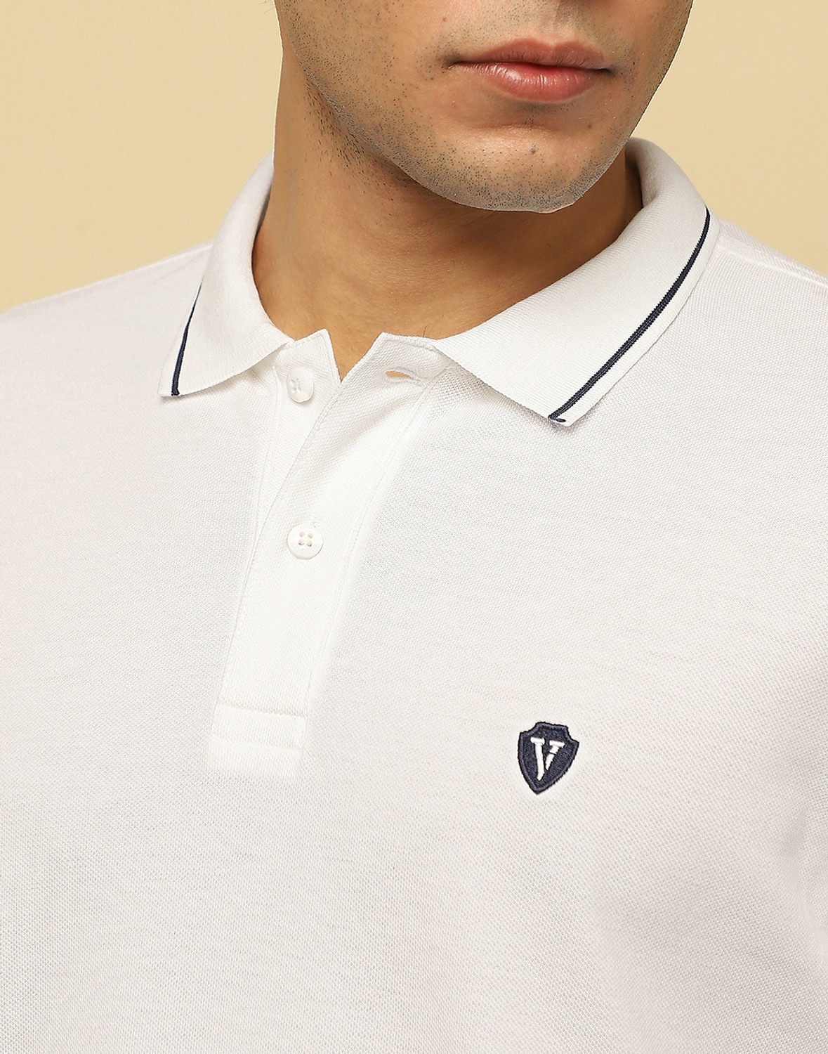 Image of VAN HEUSEN Men Solid Polo Neck Cotton Blend White T-Shirt