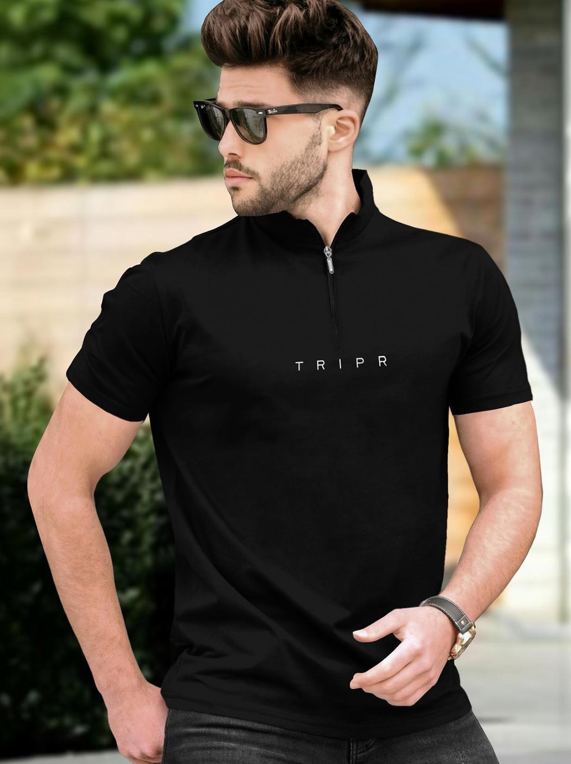 Image of TRIPR Men Solid Mandarin Collar Cotton Blend Green T-Shirt