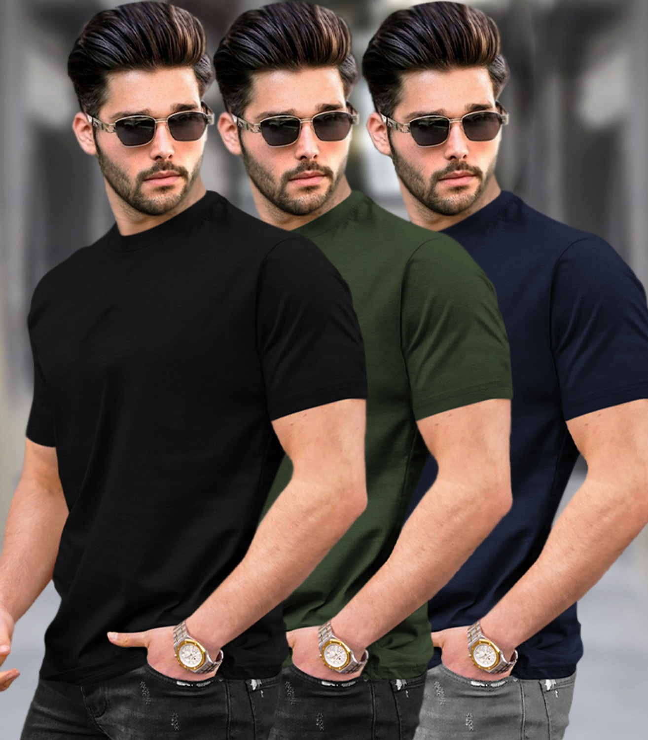 Image of TRIPR Men Solid Henley Neck Cotton Blend Dark Green, Black T-Shirt