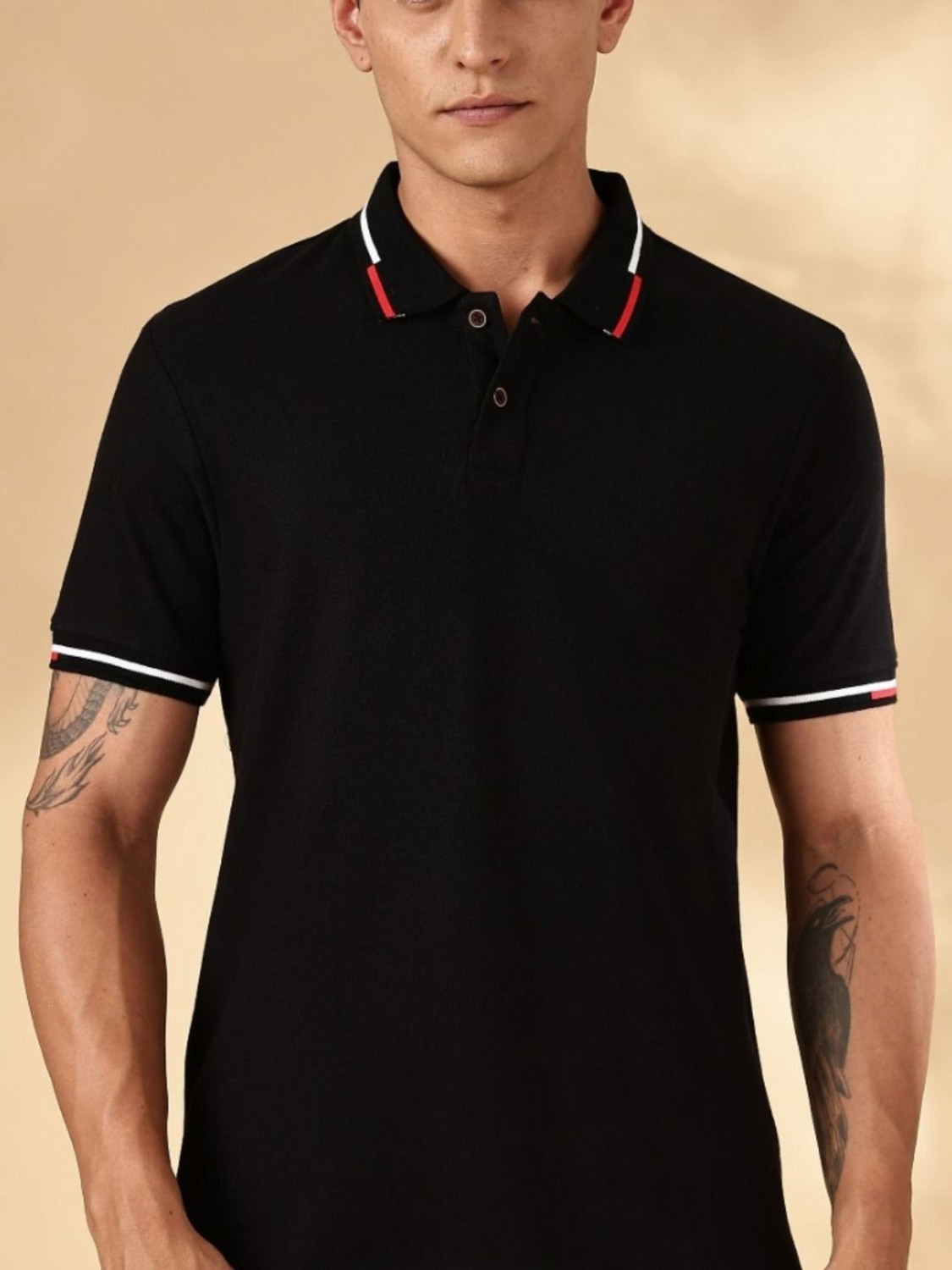 Image of Mast & Harbour Men Solid Polo Neck Pure Cotton Black T-Shirt