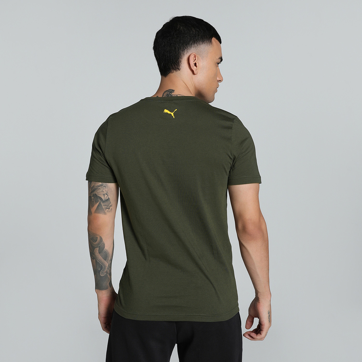 Image of PUMA Men Solid Crew Neck Cotton Blend Green T-Shirt