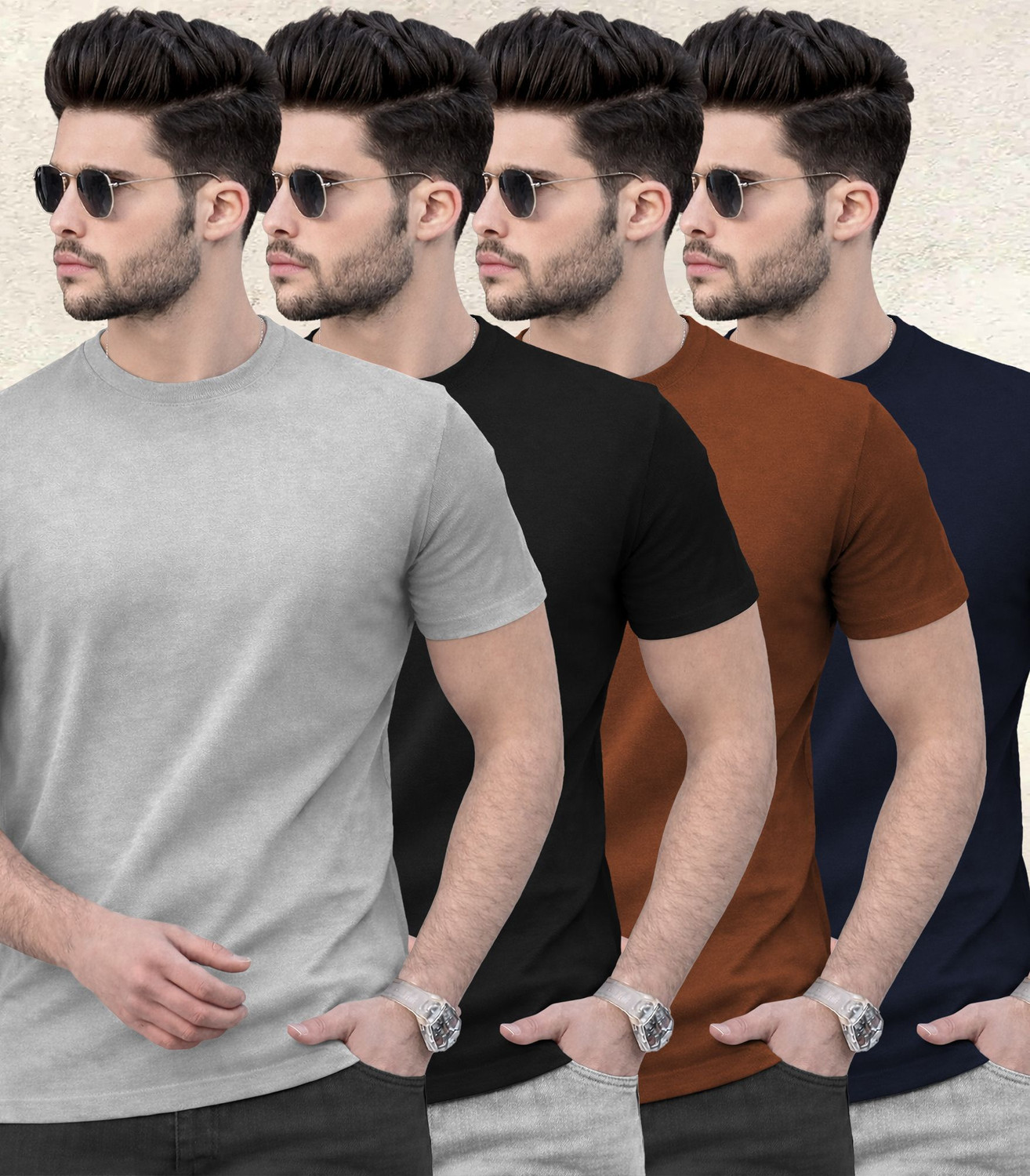Image of TRIPR Men Solid Mandarin Collar Cotton Blend Pink, Black T-Shirt