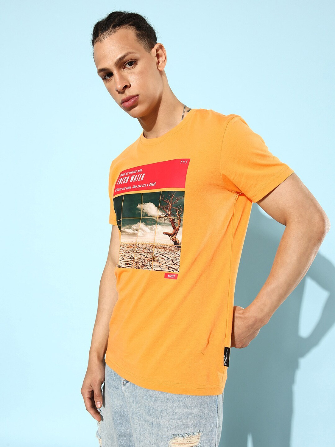 Image of WROGN Men Solid Crew Neck Pure Cotton Yellow T-Shirt