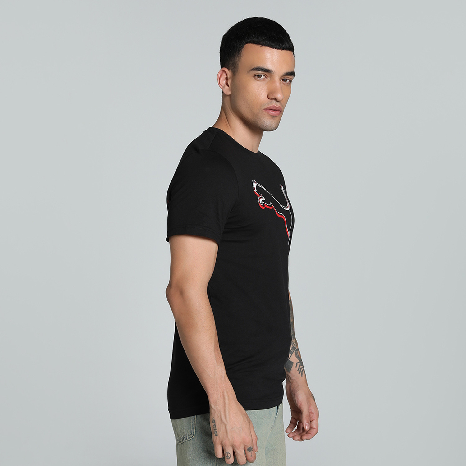 Image of PUMA Men Solid Crew Neck Cotton Blend Black T-Shirt