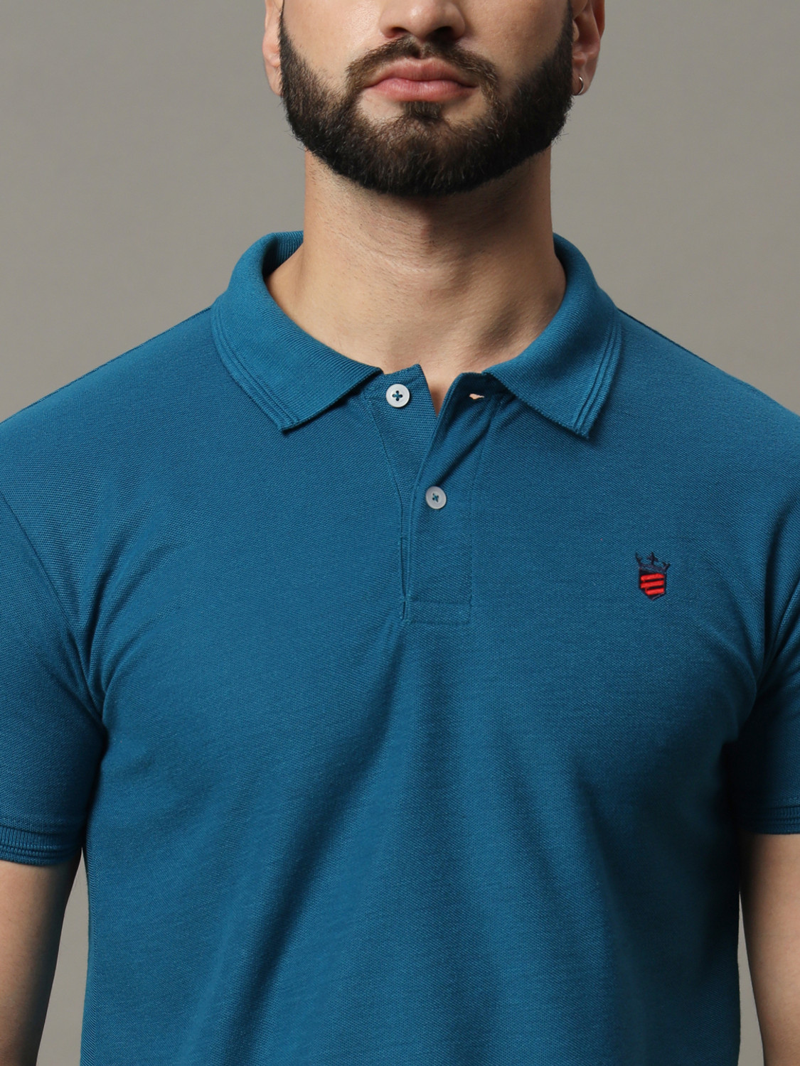Image of RARHANPREMIUM Men Solid Polo Neck Cotton Blend Blue T-Shirt