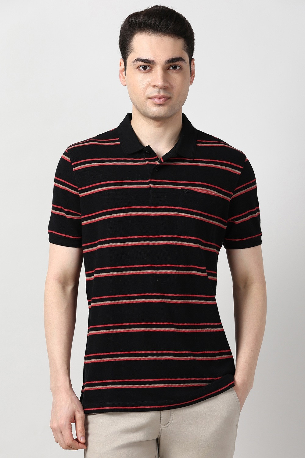 Image of PETER ENGLAND Men Striped Polo Neck Polycotton Blue T-Shirt