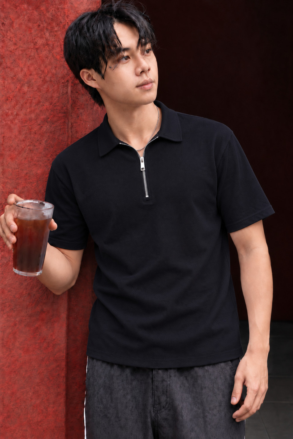 Image of YUTU Men Printed Polo Neck Polyester Blue T-Shirt