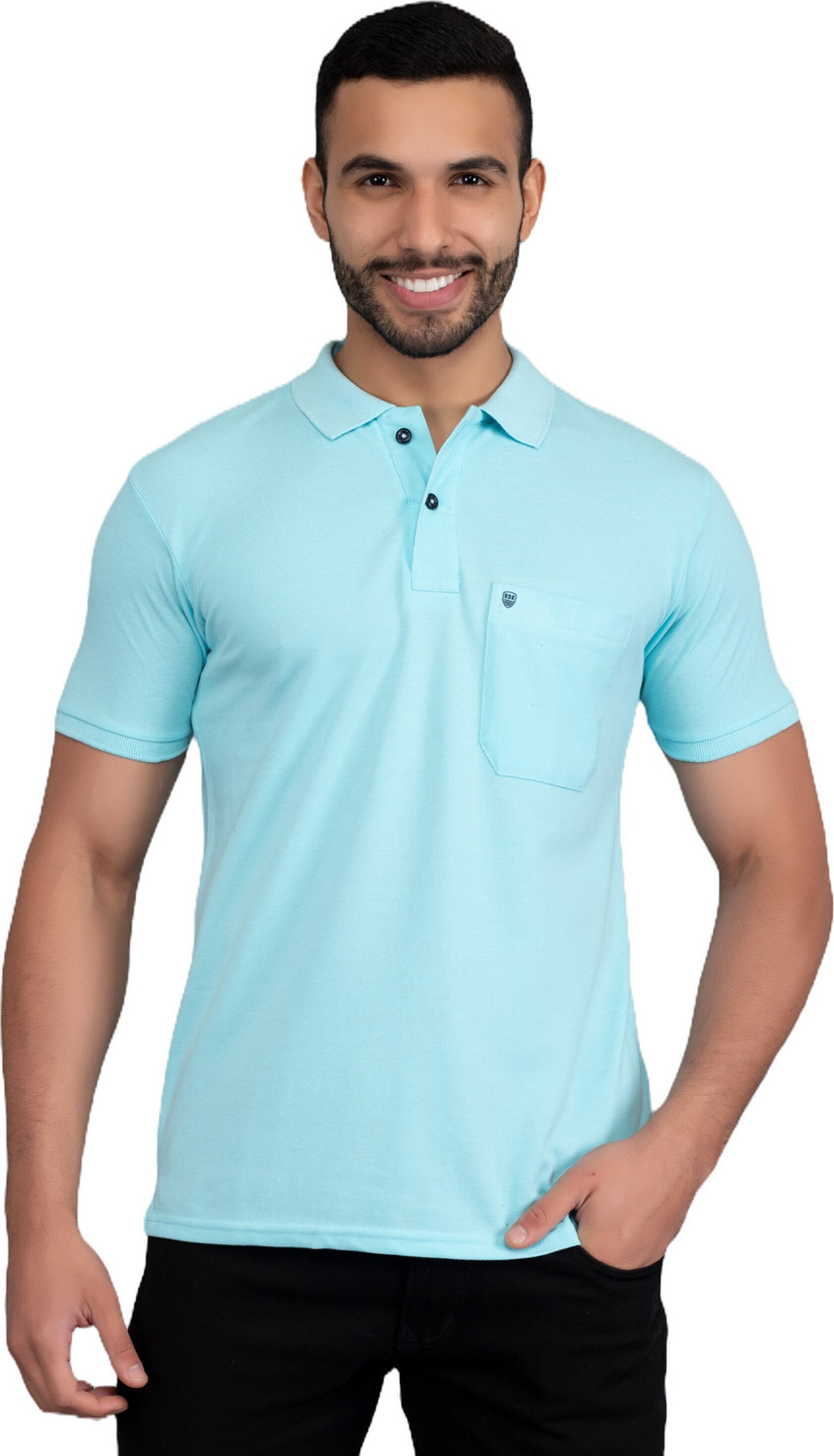 Image of Mast & Harbour Men Solid Polo Neck Pure Cotton Black T-Shirt