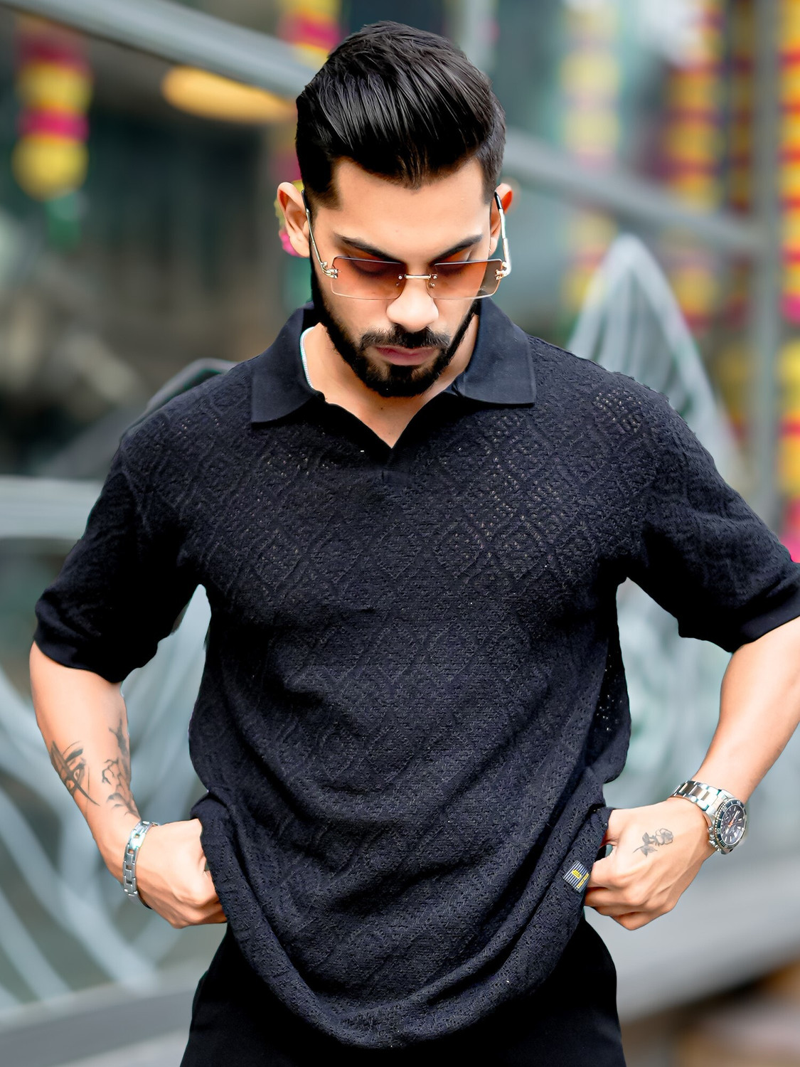 Image of MANIAC Men Solid Polo Neck Pure Cotton Black T-Shirt