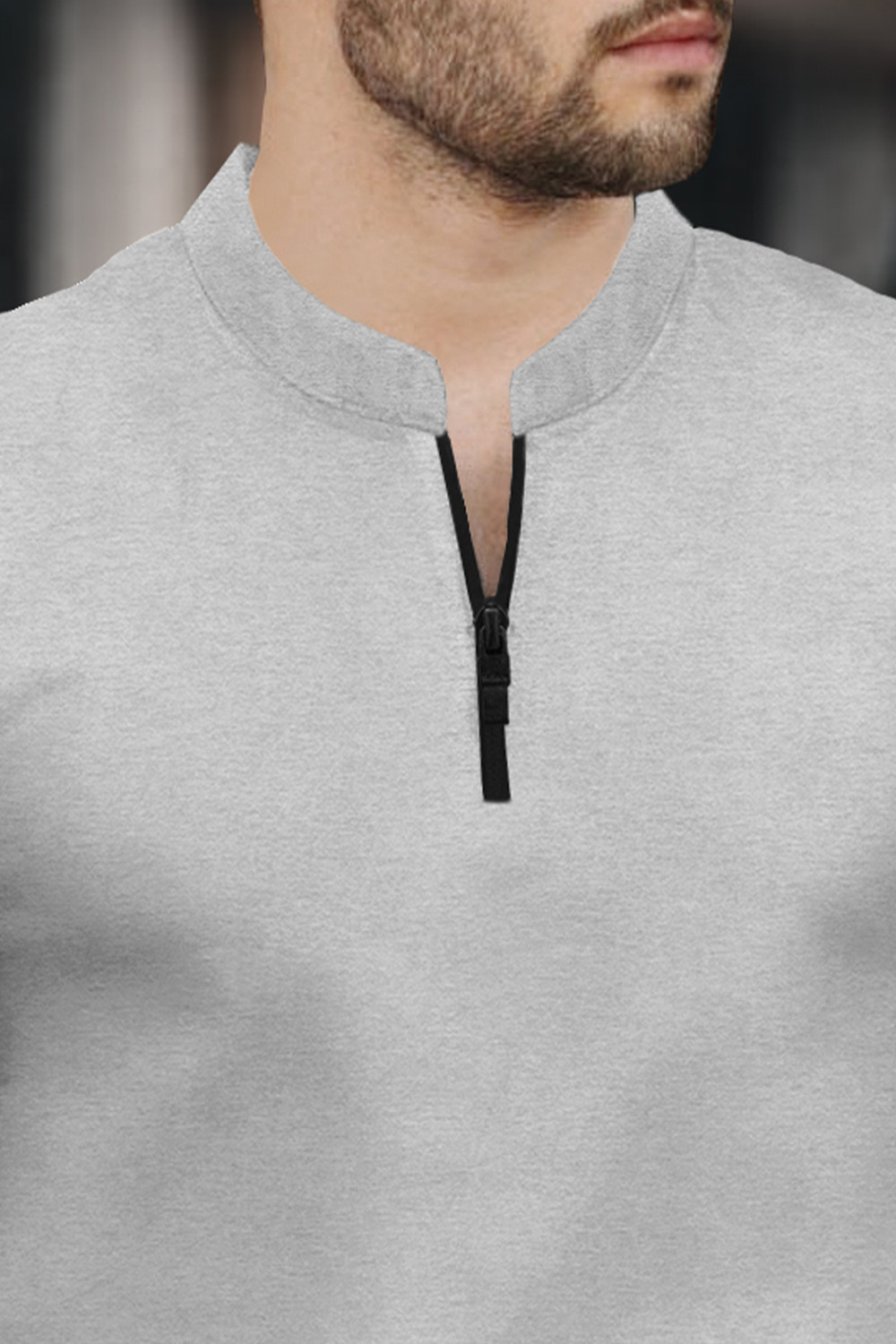 Image of TRIPR Men Solid Mandarin Collar Cotton Blend Grey T-Shirt