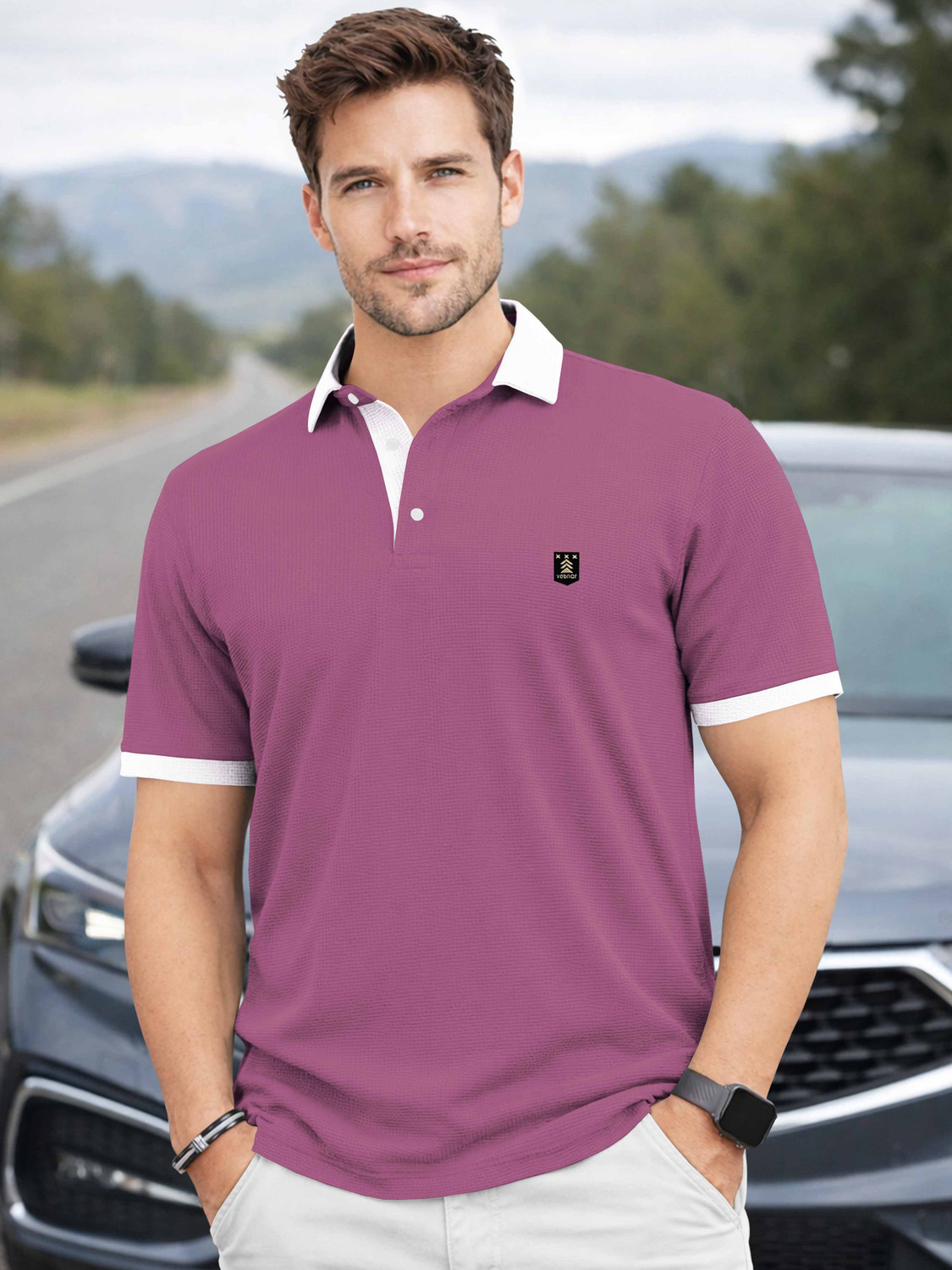 Image of RARHANPREMIUM Men Solid Polo Neck Cotton Blend Blue T-Shirt