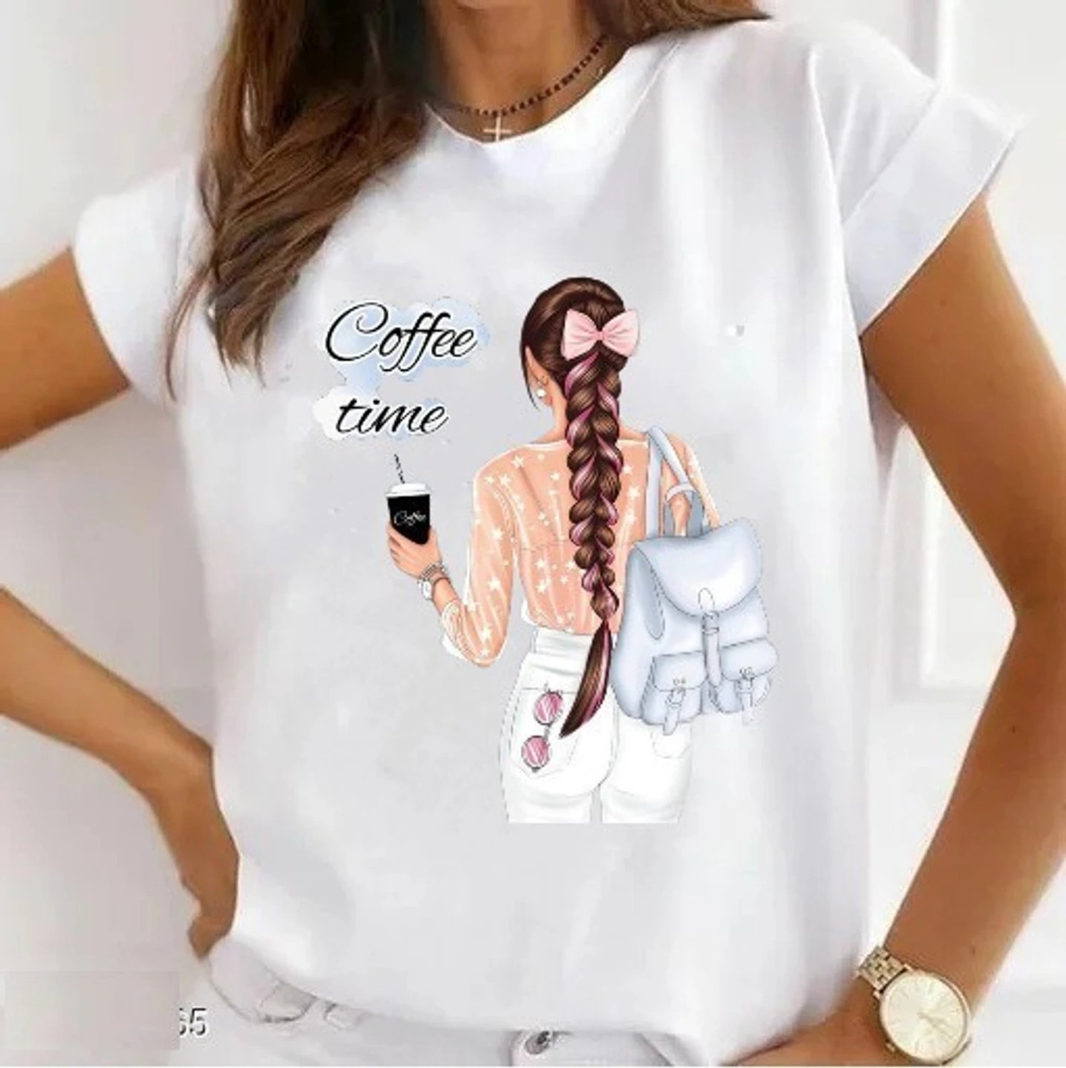 Image of RUBYKNITS Women Printed Round Neck Polyester White T-Shirt
