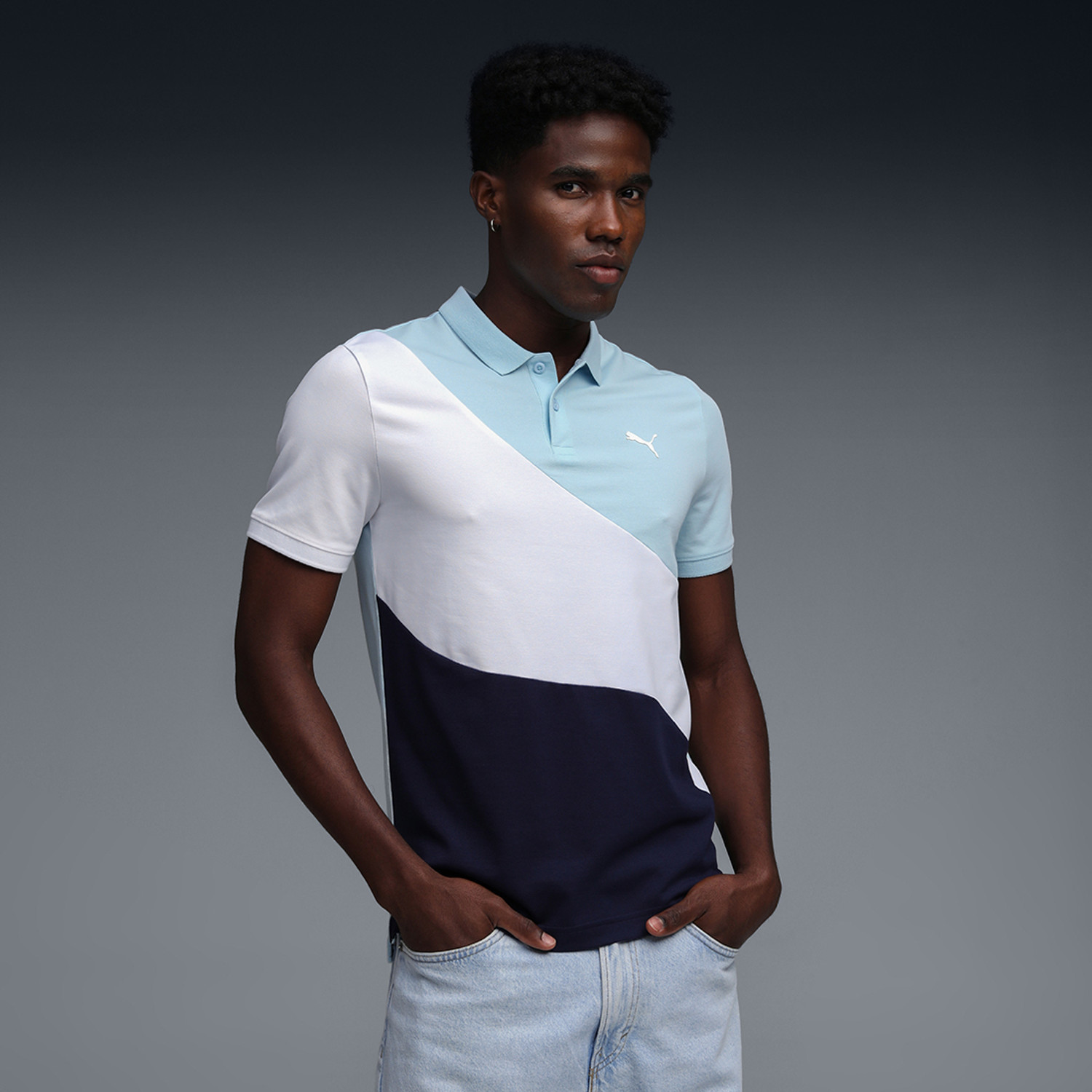 Image of PUMA Men Printed Polo Neck Cotton Blend Pink T-Shirt