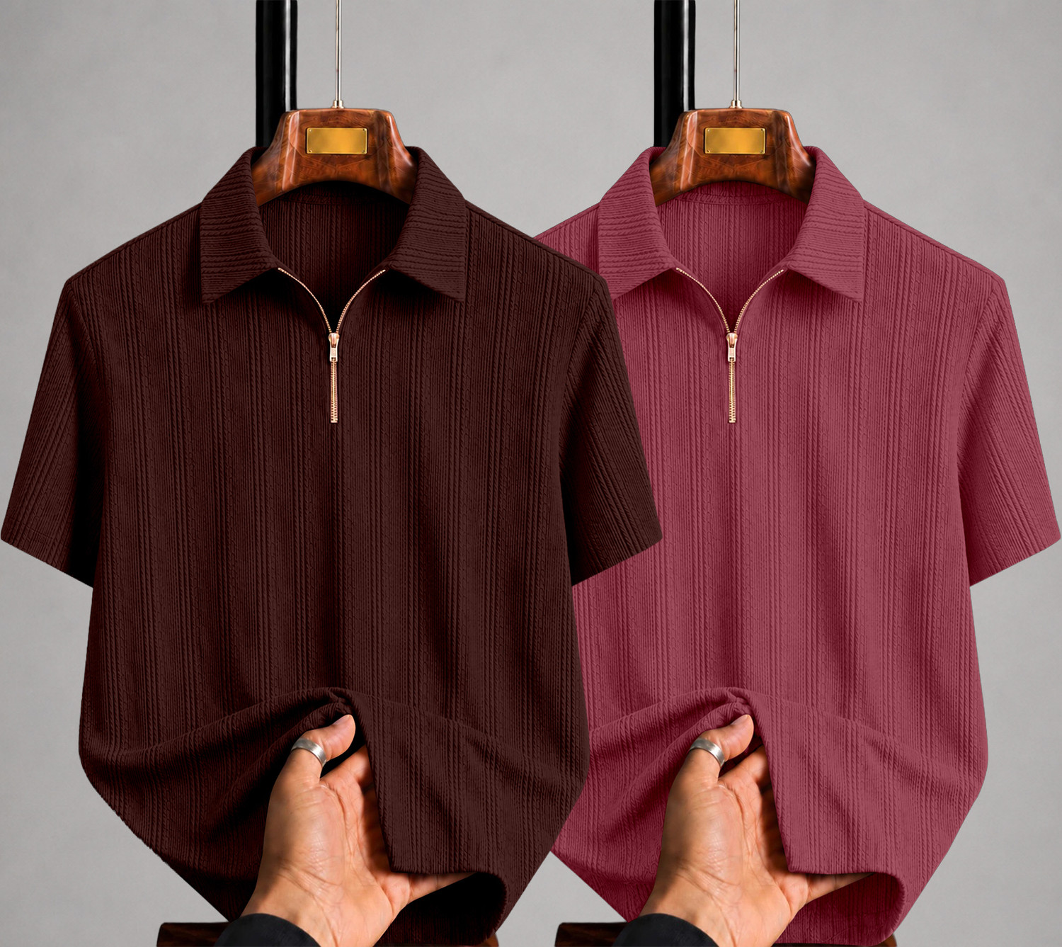 KAJARU Pack of 2 Men Self Design Zip Neck Polyester Brown, Maroon T-Shirt - Image 1