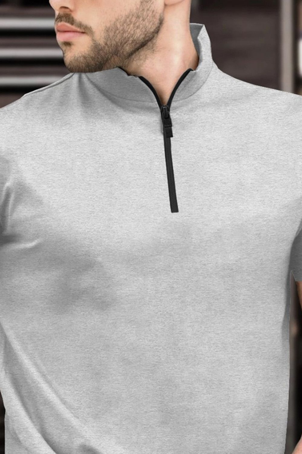Image of TRIPR Men Solid Mandarin Collar Cotton Blend Grey T-Shirt