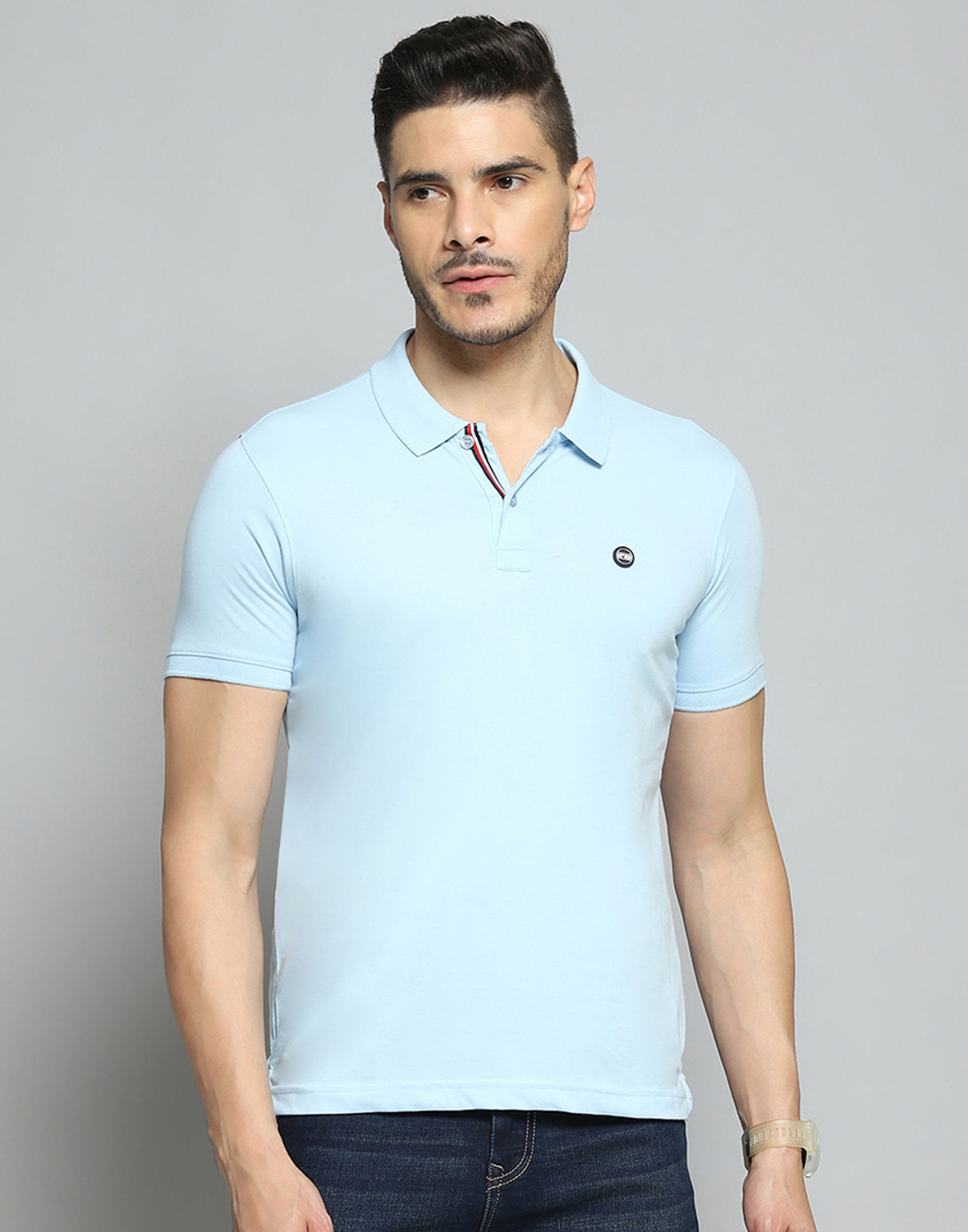 Image of TRIPR Men Solid Mandarin Collar Cotton Blend Beige T-Shirt