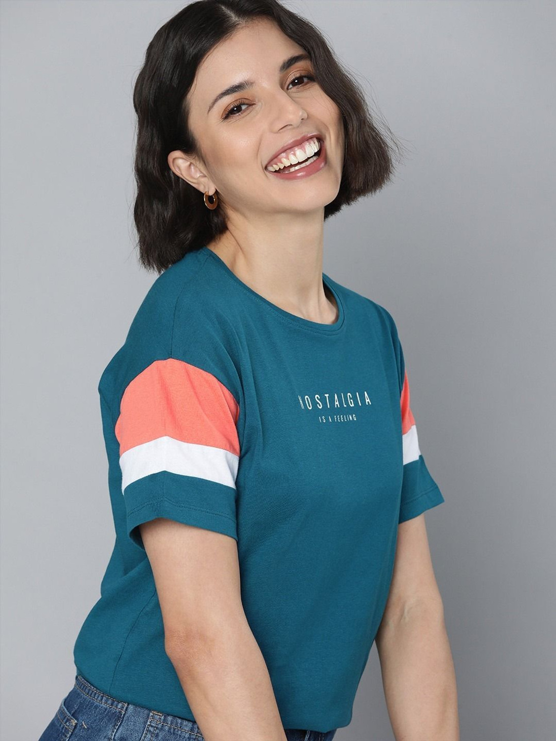 Image of Patche Women Colorblock Round Neck Pure Cotton Blue, White T-Shirt
